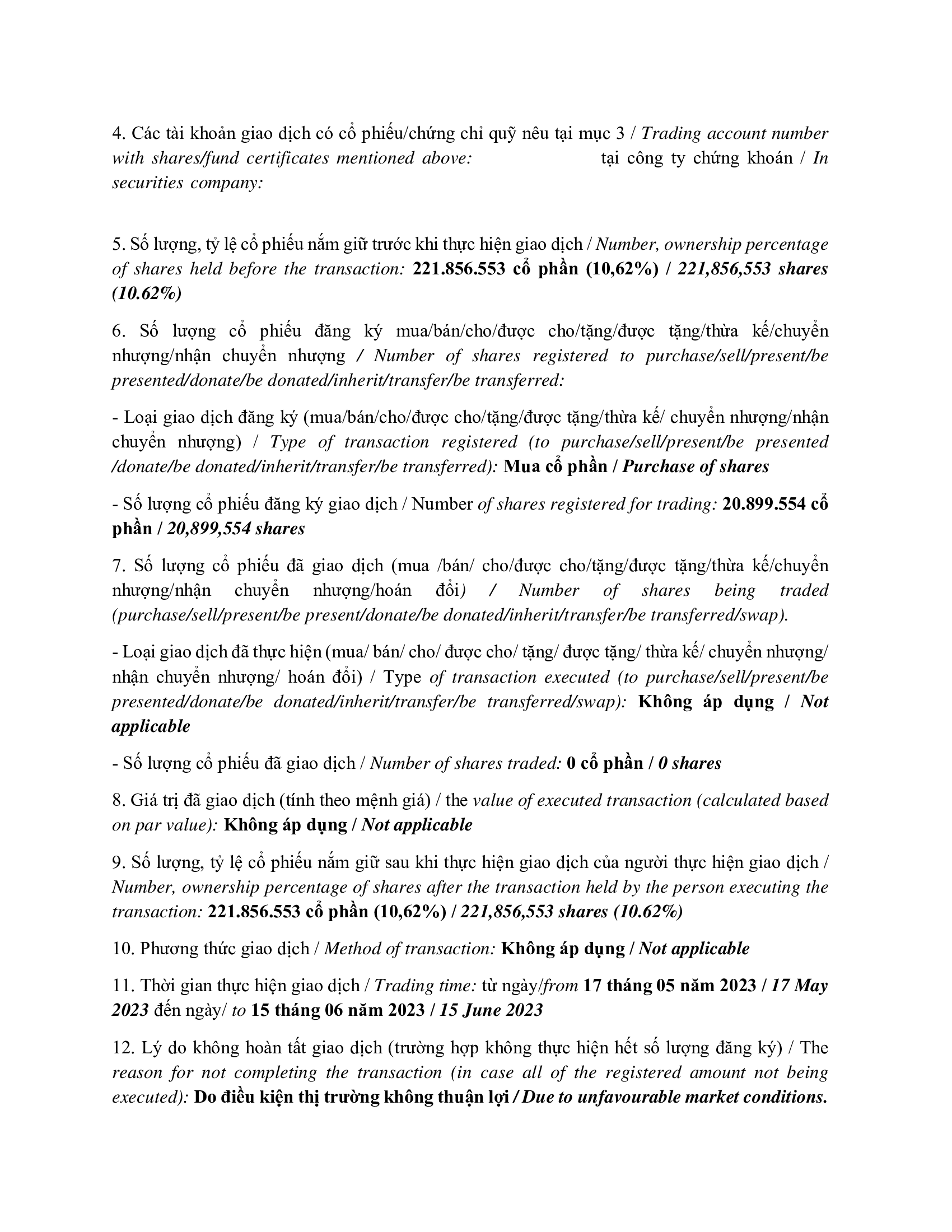 Báo cáo kết quả giao dịch của Người Nội bộ: PLATINUM VICTORY PTE. LTD. 3