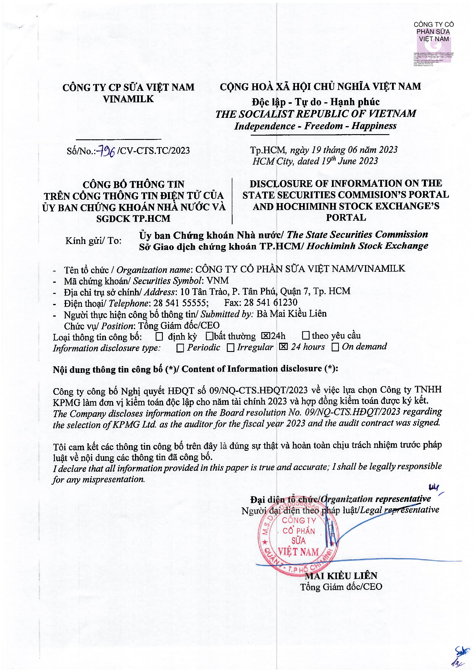 Disclosure of information about the auditor for the fiscal year 2023 1