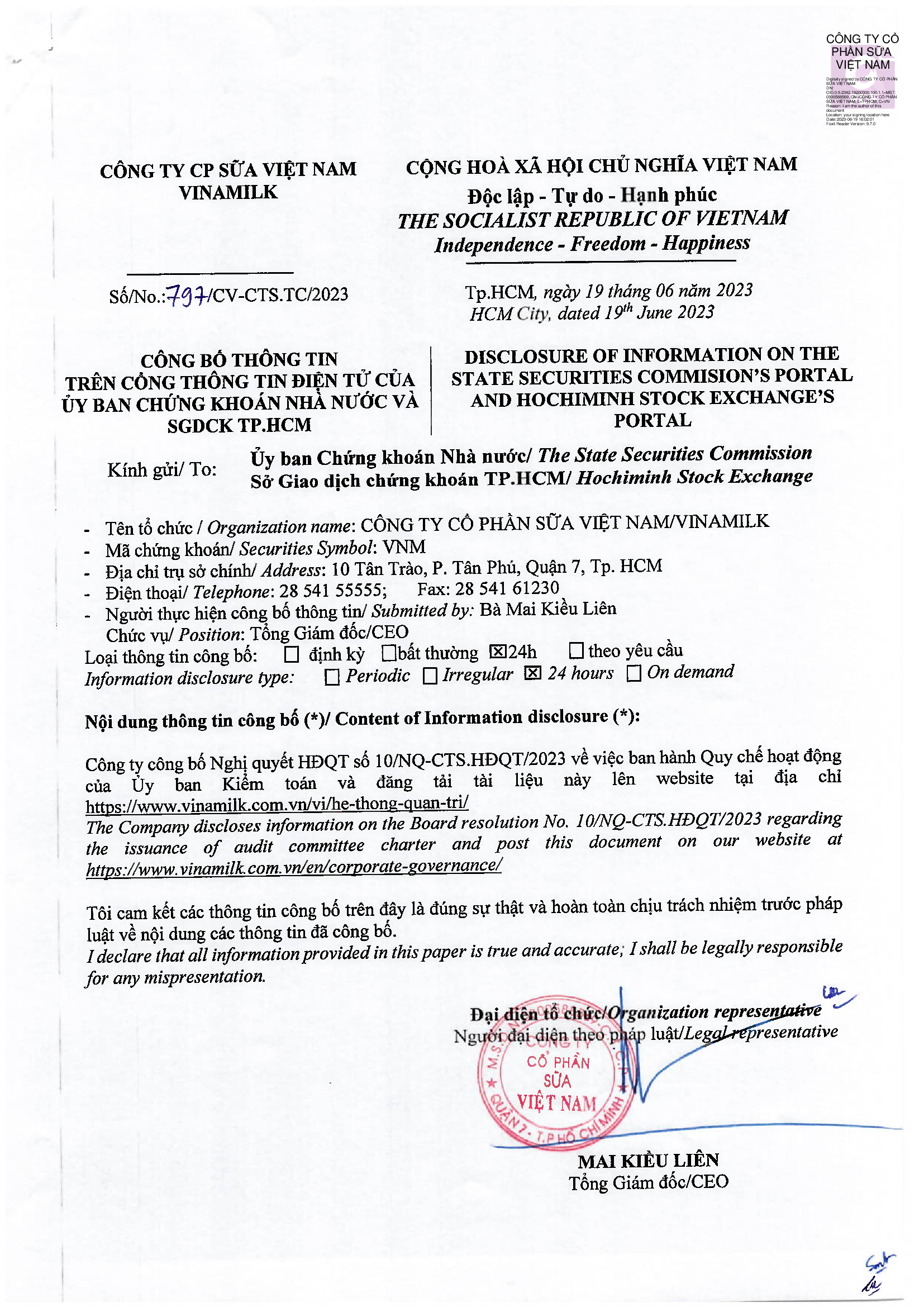 Disclosure of information about the issuance of audit committee charter 1
