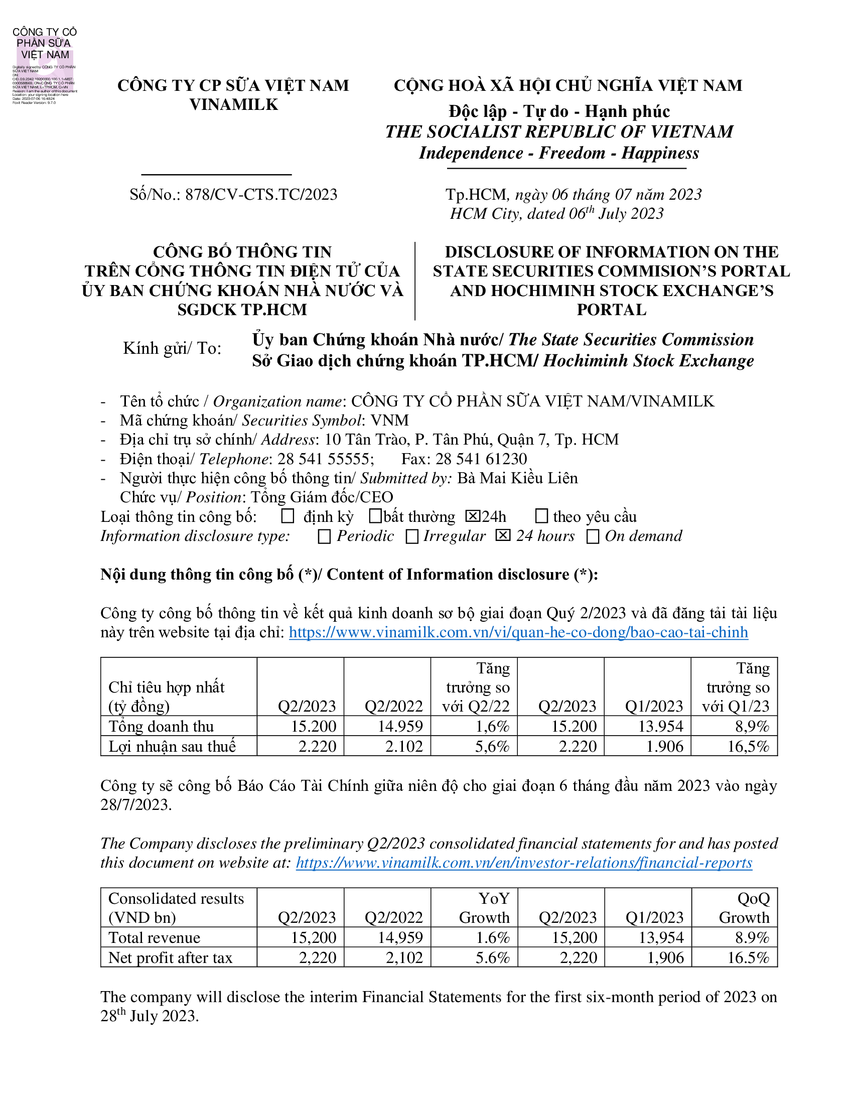 Disclosure of information the business results of the preliminary Q2/2023 1
