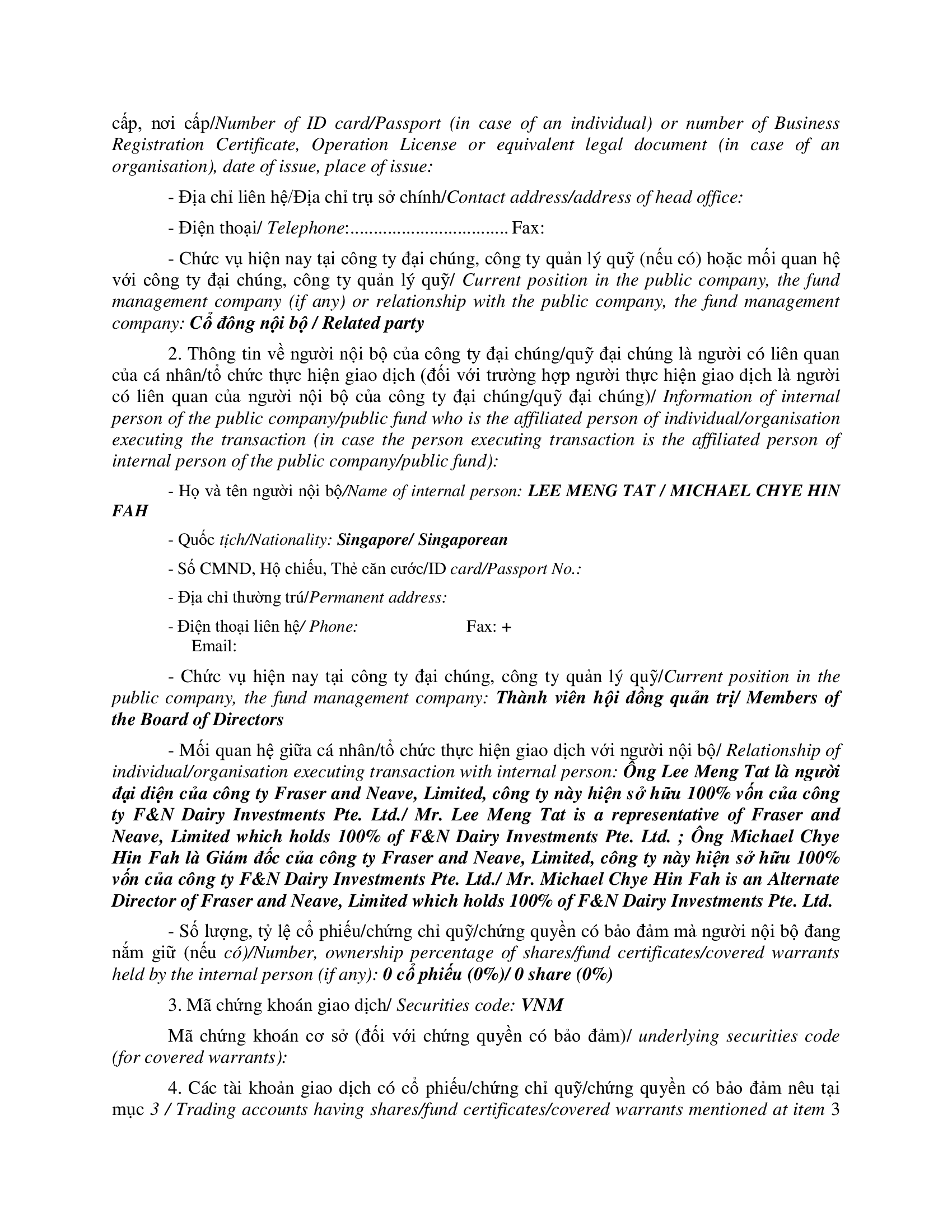 Thông báo giao dịch của Người Nội bộ: F&N DAIRY INVESTMENTS PTE. LTD. 2