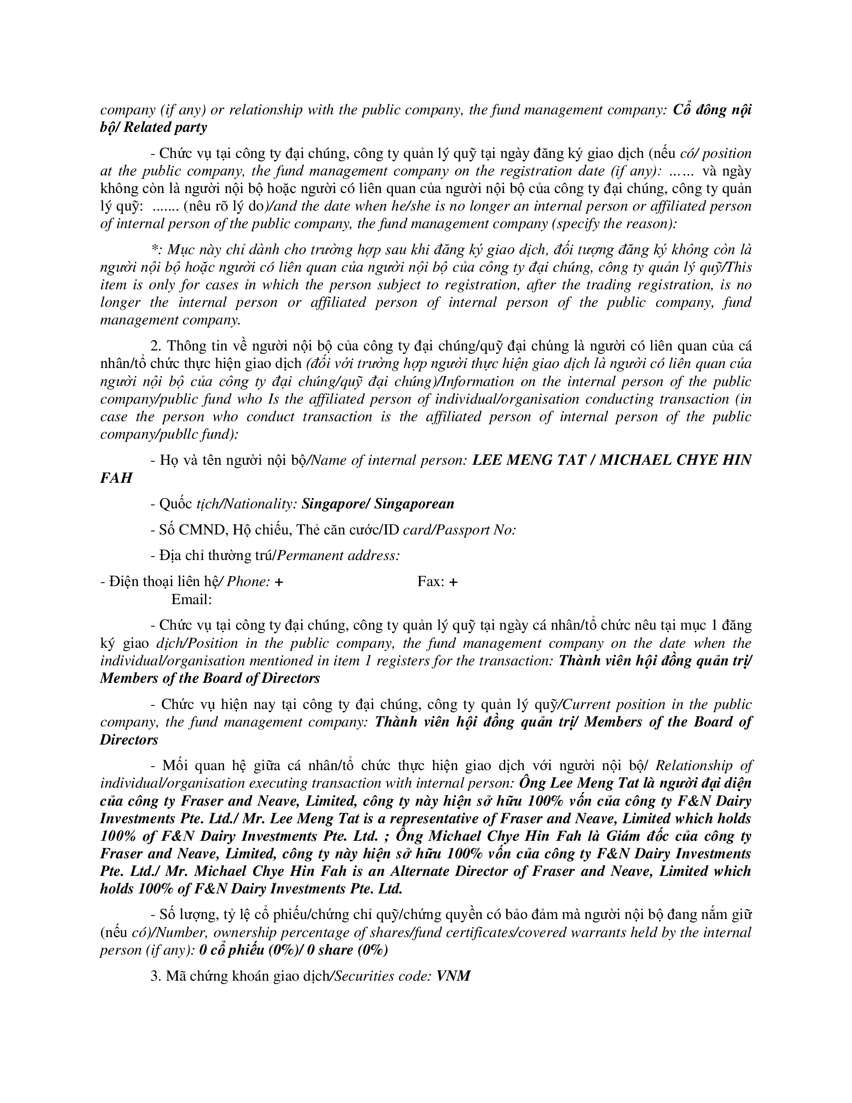 Report on results of transaction of internal person from F&N DAIRY INVESTMENTS PTE. LTD. 2