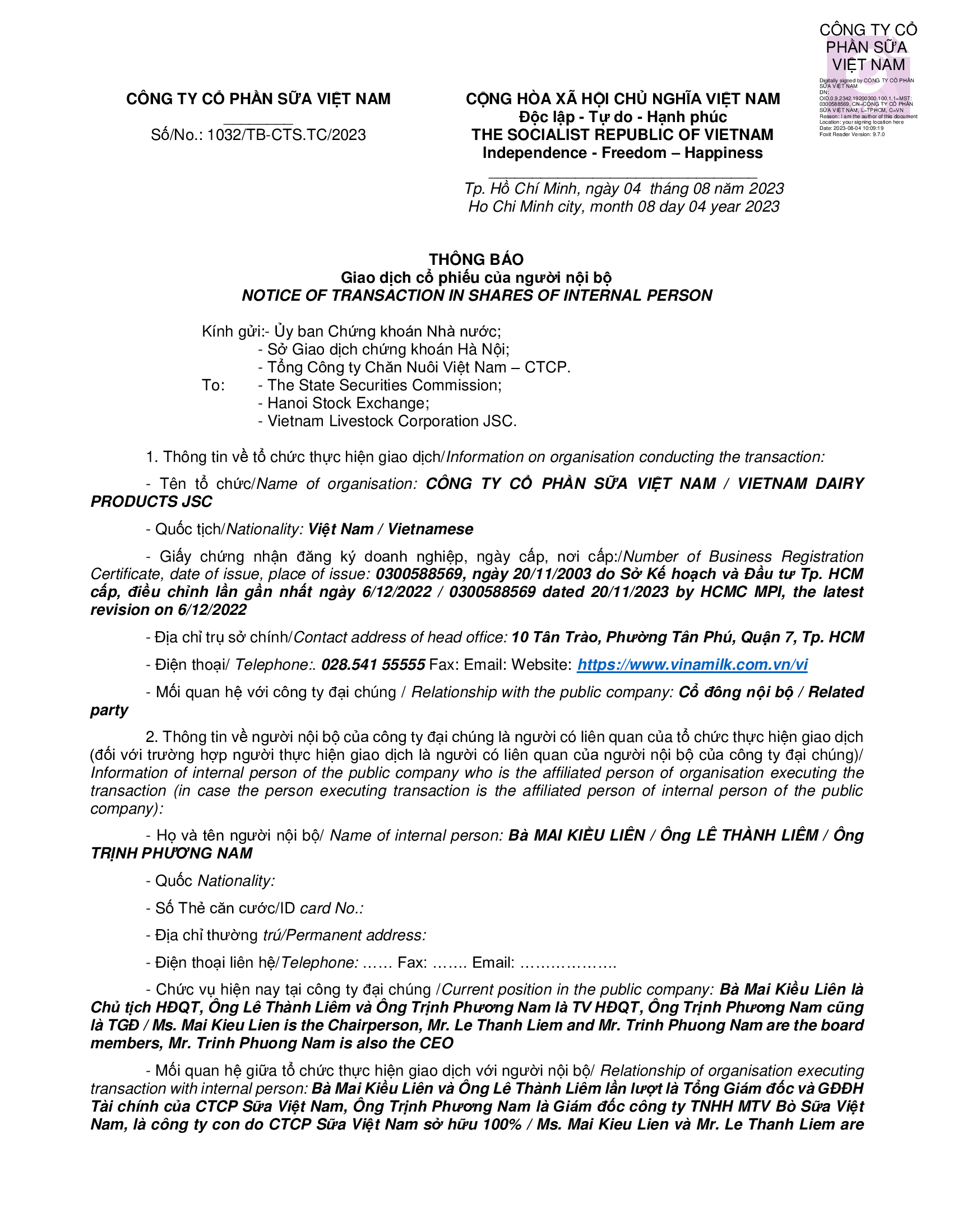 Notice of transaction of internal person from VIETNAM DAIRY PRODUCTS JSC 1