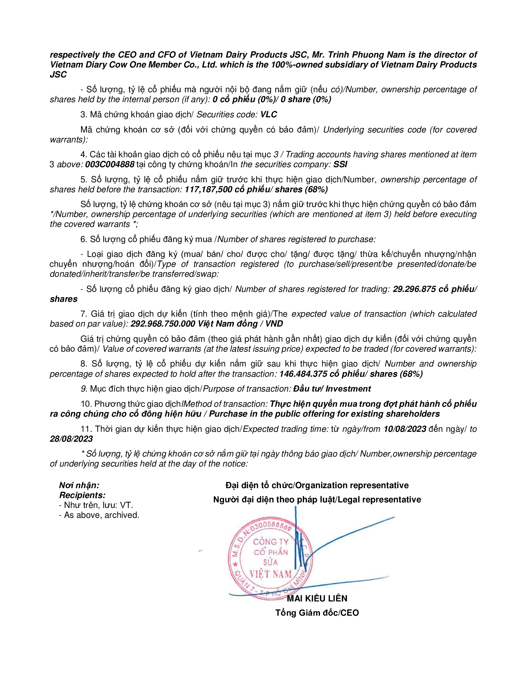 Notice of transaction of internal person from VIETNAM DAIRY PRODUCTS JSC 2