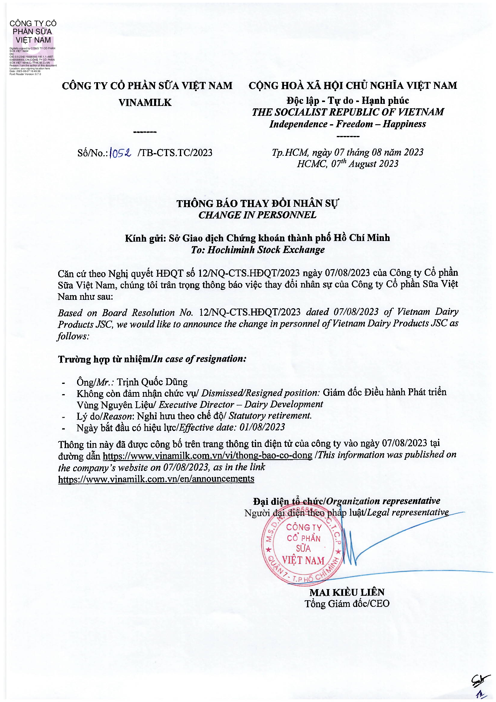 Công bố thông tin thay đổi nhân sự 1