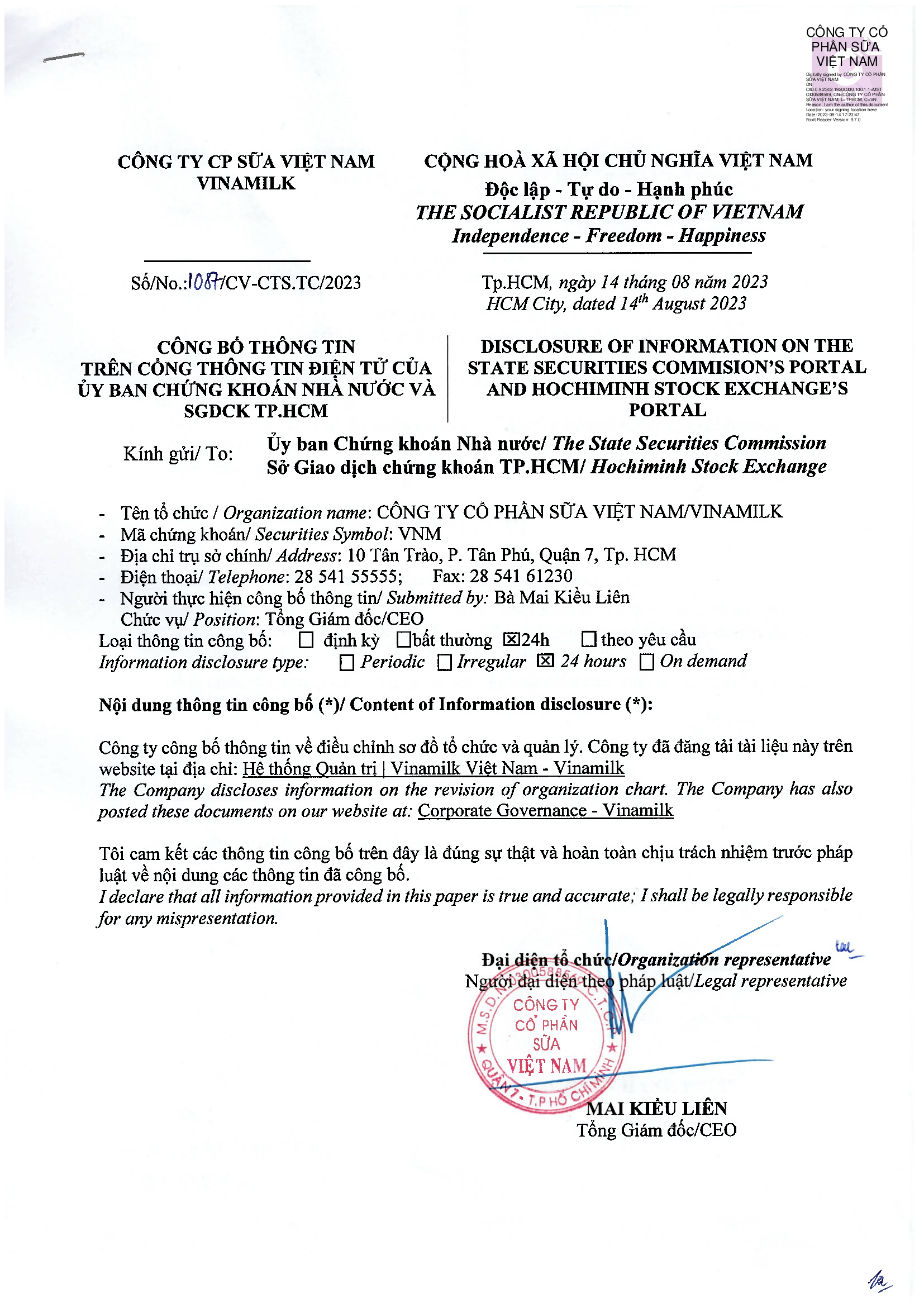 Disclosure of information about revision of organization chart 1