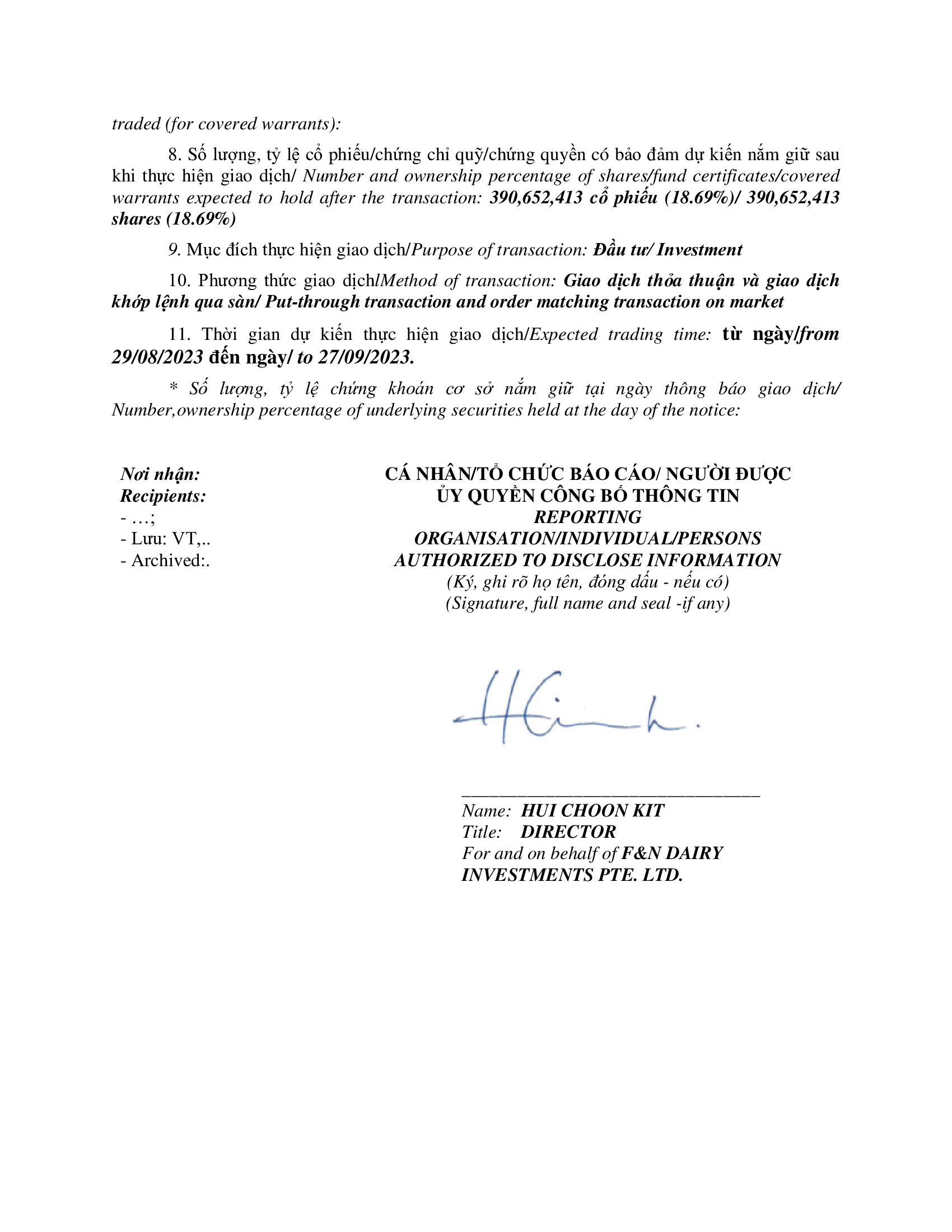 Notice of transaction of internal person from F&N DAIRY INVESTMENTS PTE. LTD. 4