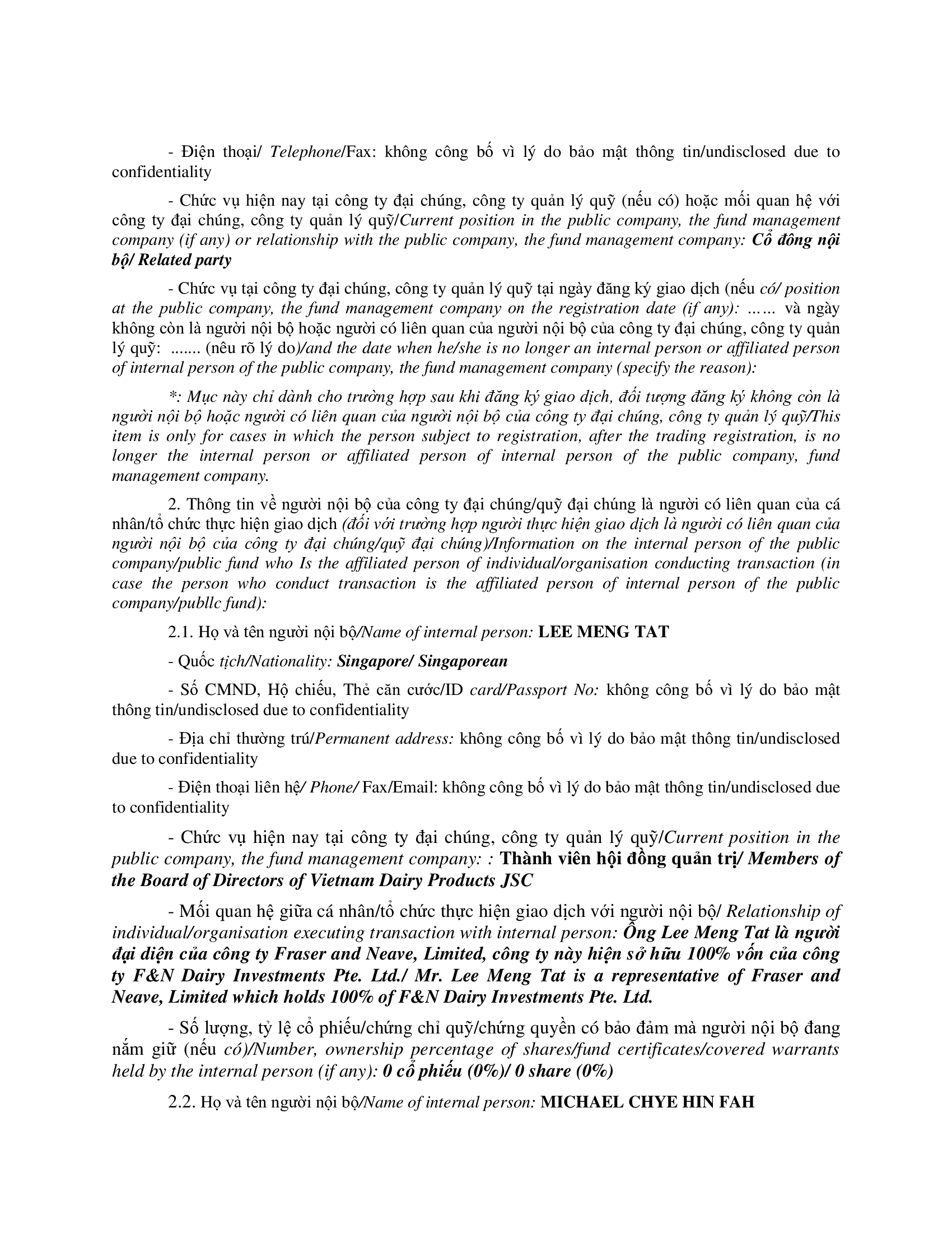 Báo cáo kết quả giao dịch của Người Nội bộ:F&N DAIRY INVESTMENTS PTE. LTD. 2