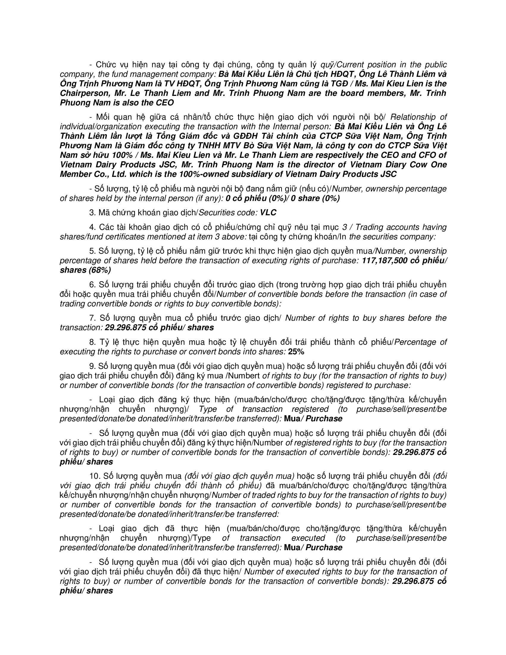 Report on results of transaction of internal person from VIETNAM DAIRY PRODUCTS JSC 2