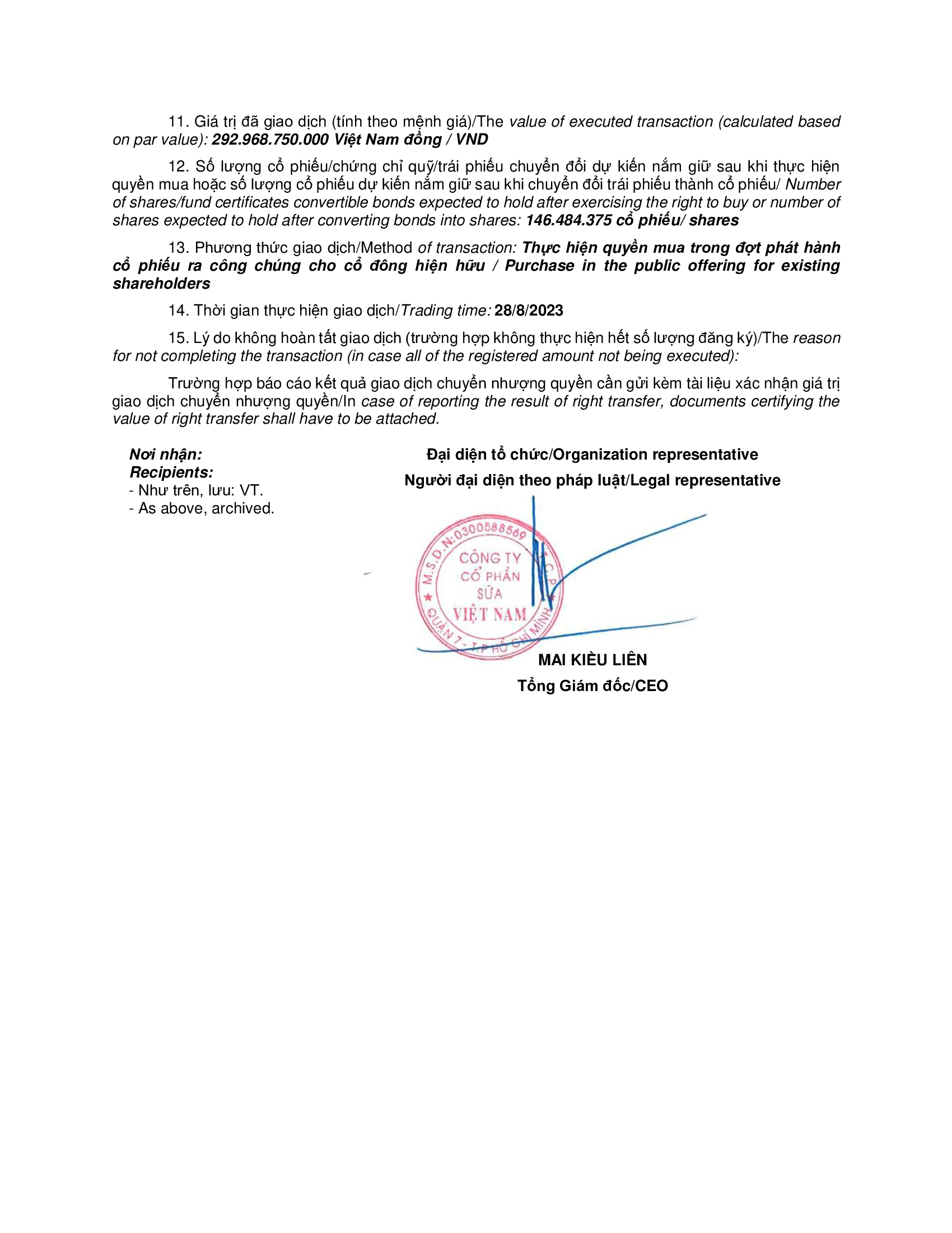 Report on results of transaction of internal person from VIETNAM DAIRY PRODUCTS JSC 3