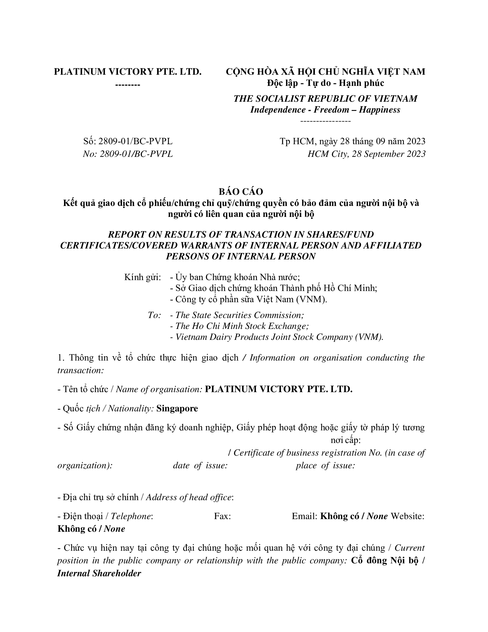 Report on results of transaction of internal person from PLATINUM VICTORY PTE. LTD. 1