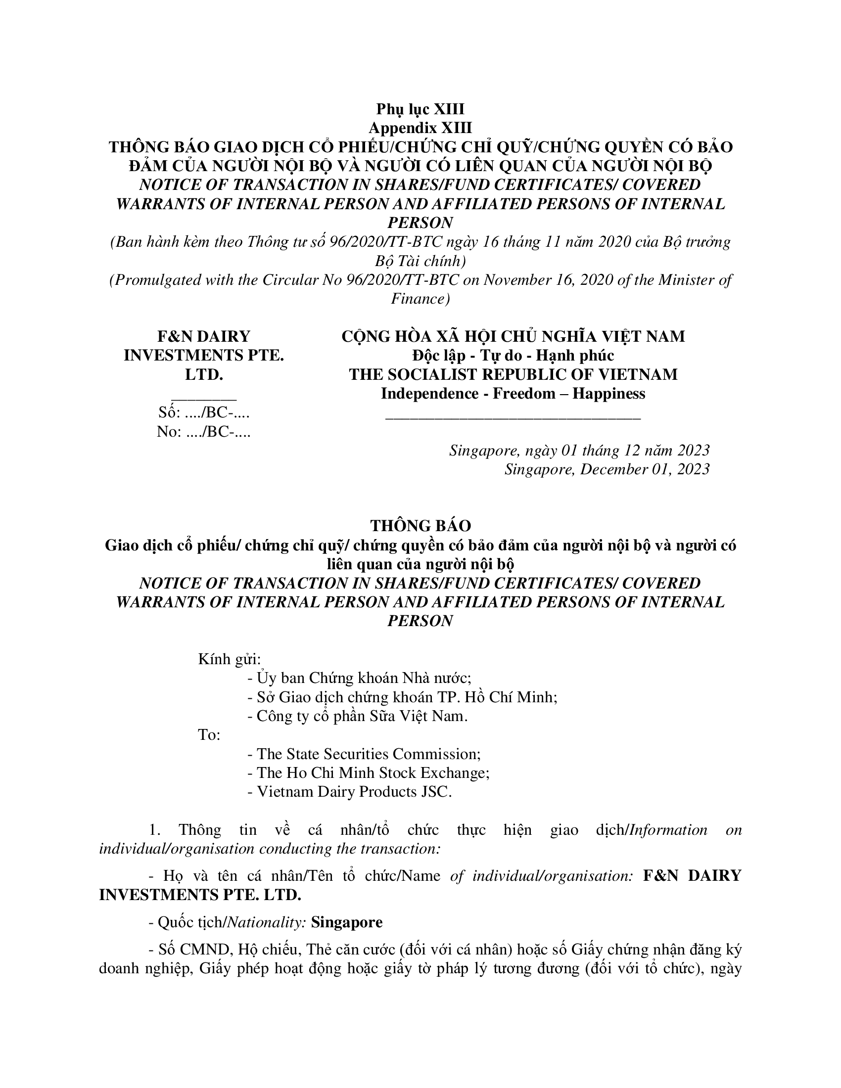 Notice of transaction of internal person from F&N DAIRY INVESTMENTS PTE. LTD. 1
