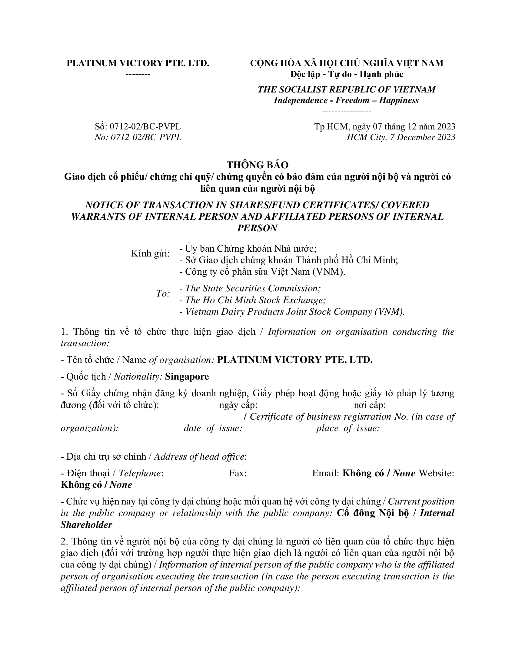 Notice of transaction of internal person from PLATINUM VICTORY PTE. LTD. 1