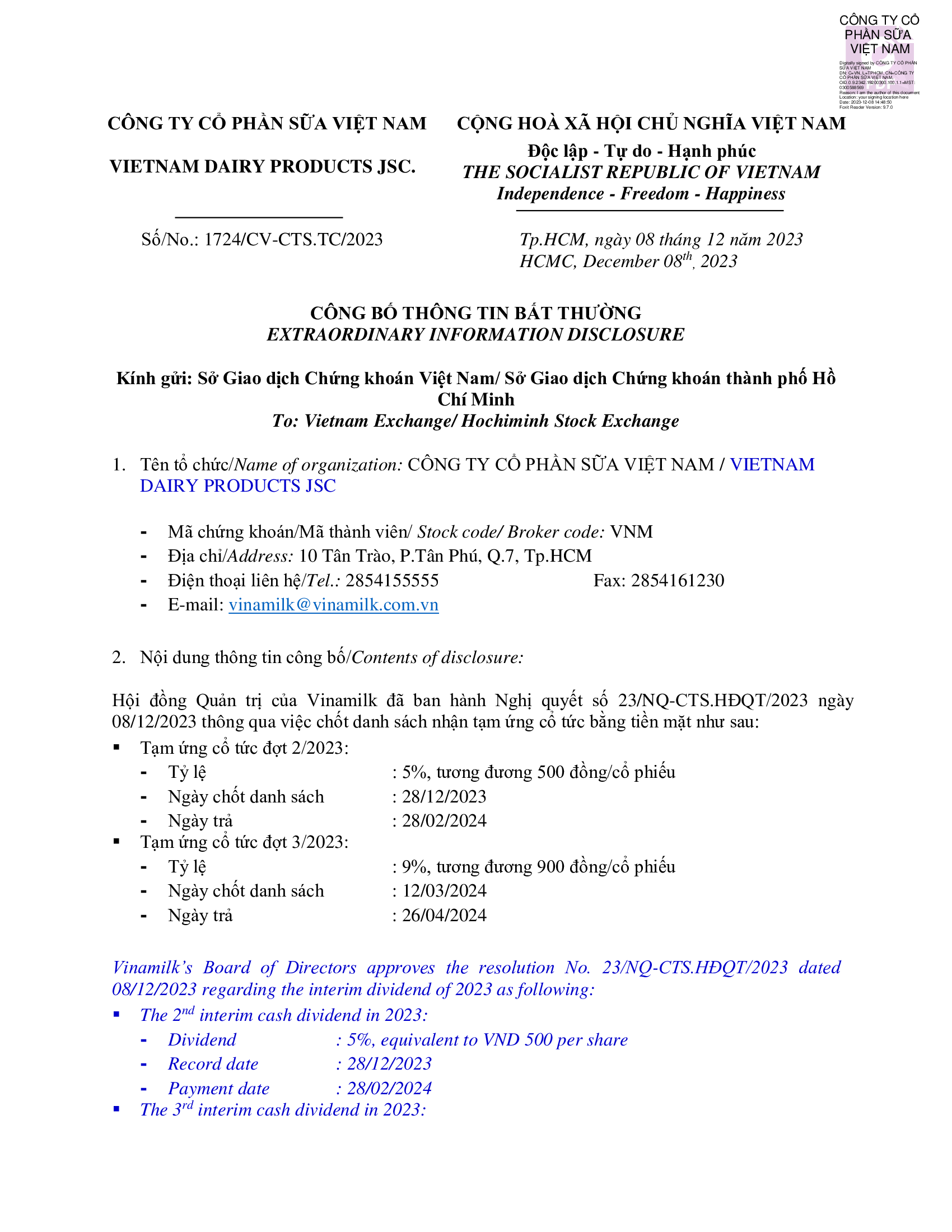 Disclosure of information on 2023 interim dividend payment 1
