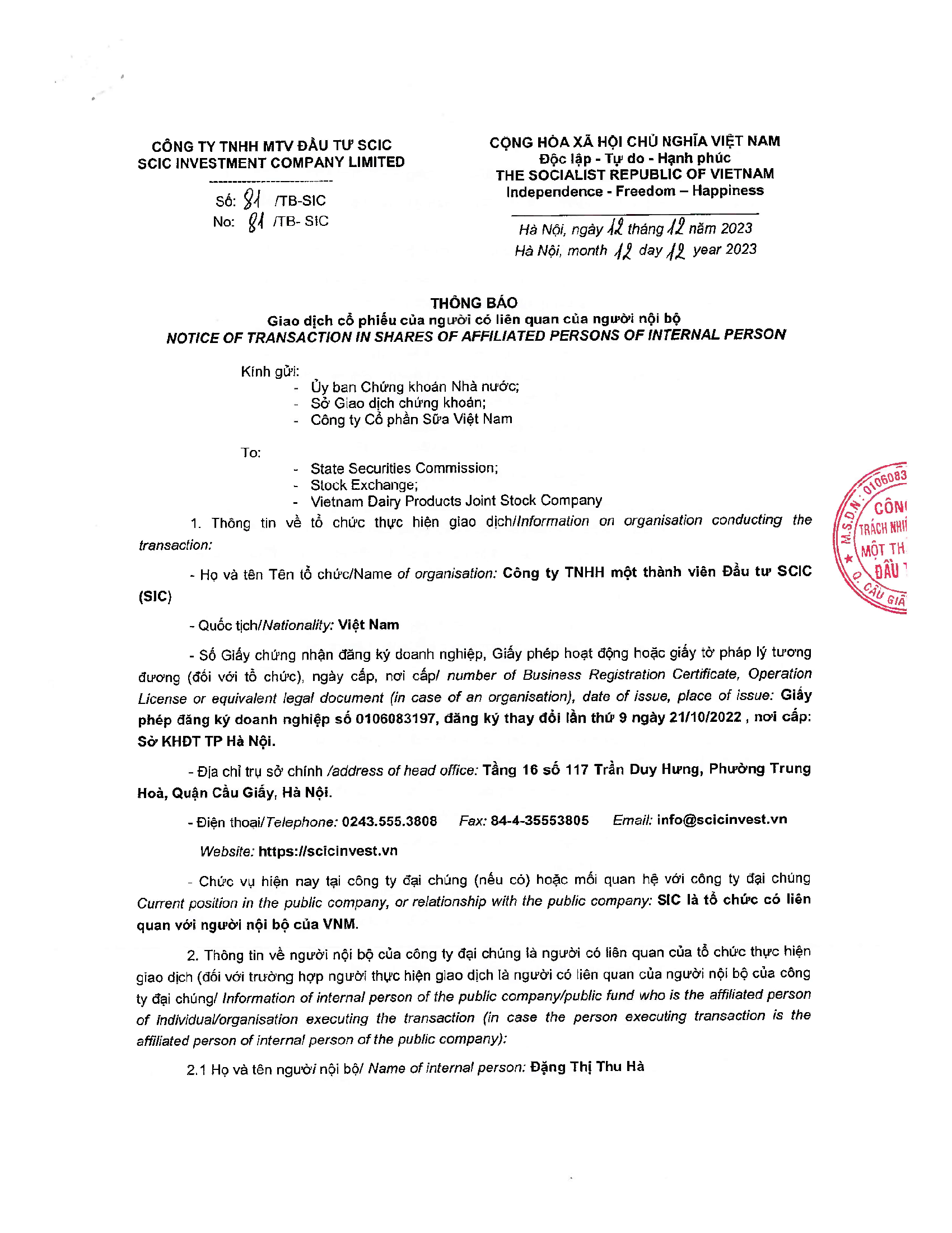 Notice of transaction of internal person from SCIC 1