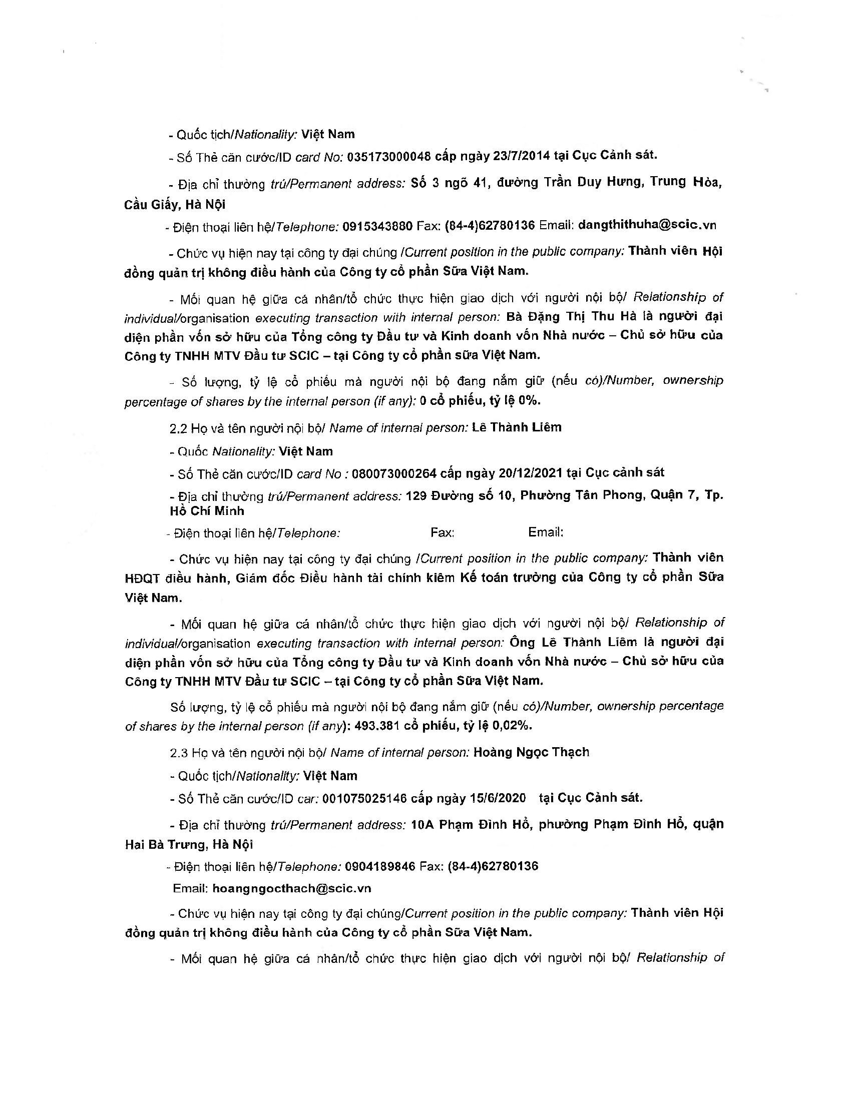 Notice of transaction of internal person from SCIC 2