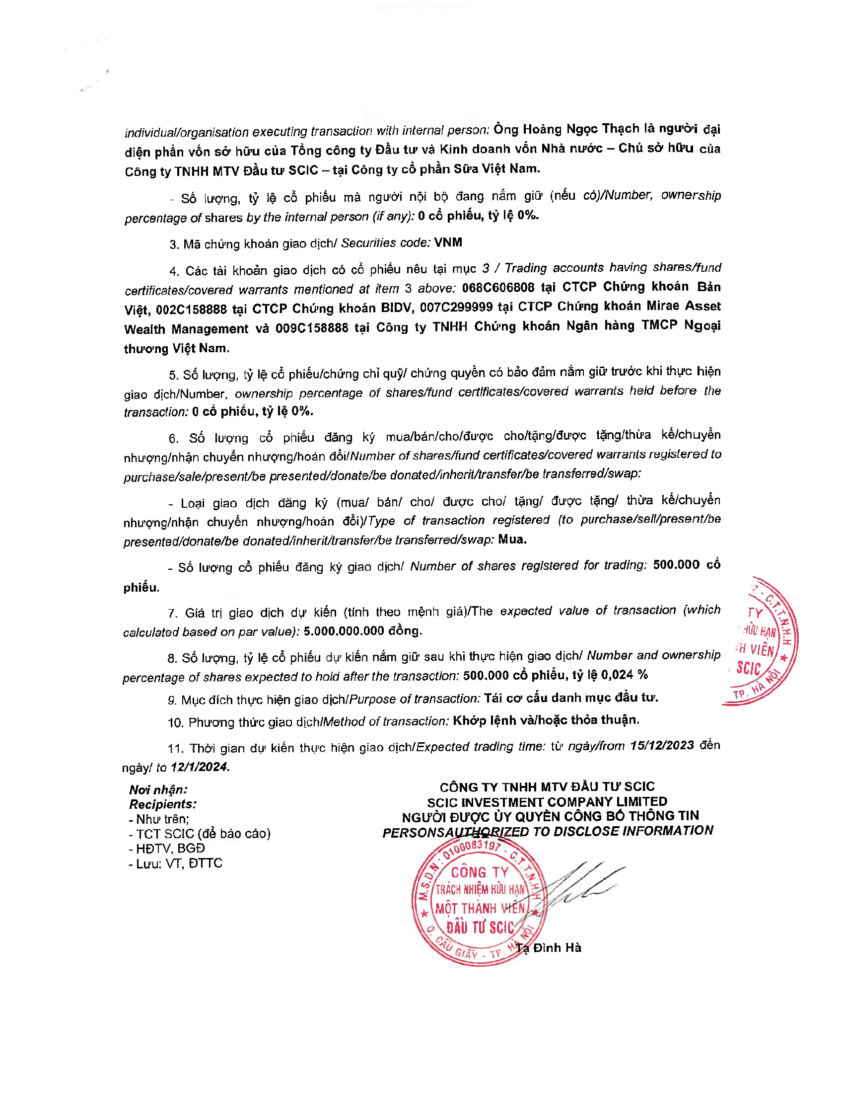 Notice of transaction of internal person from SCIC 3