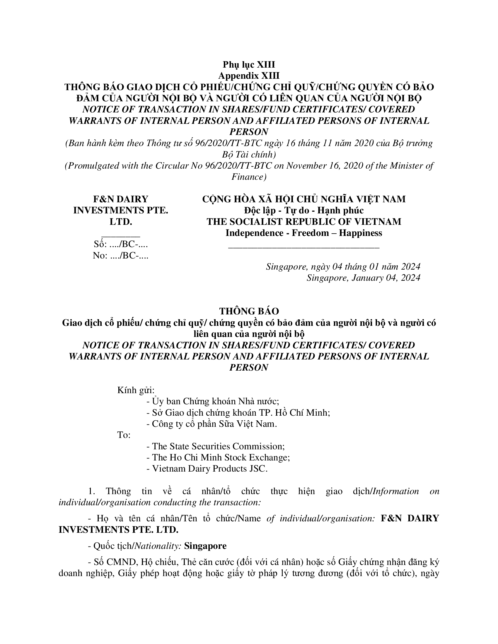 Thông báo giao dịch của Người Nội bộ: F&N DAIRY INVESTMENTS PTE. LTD. 1