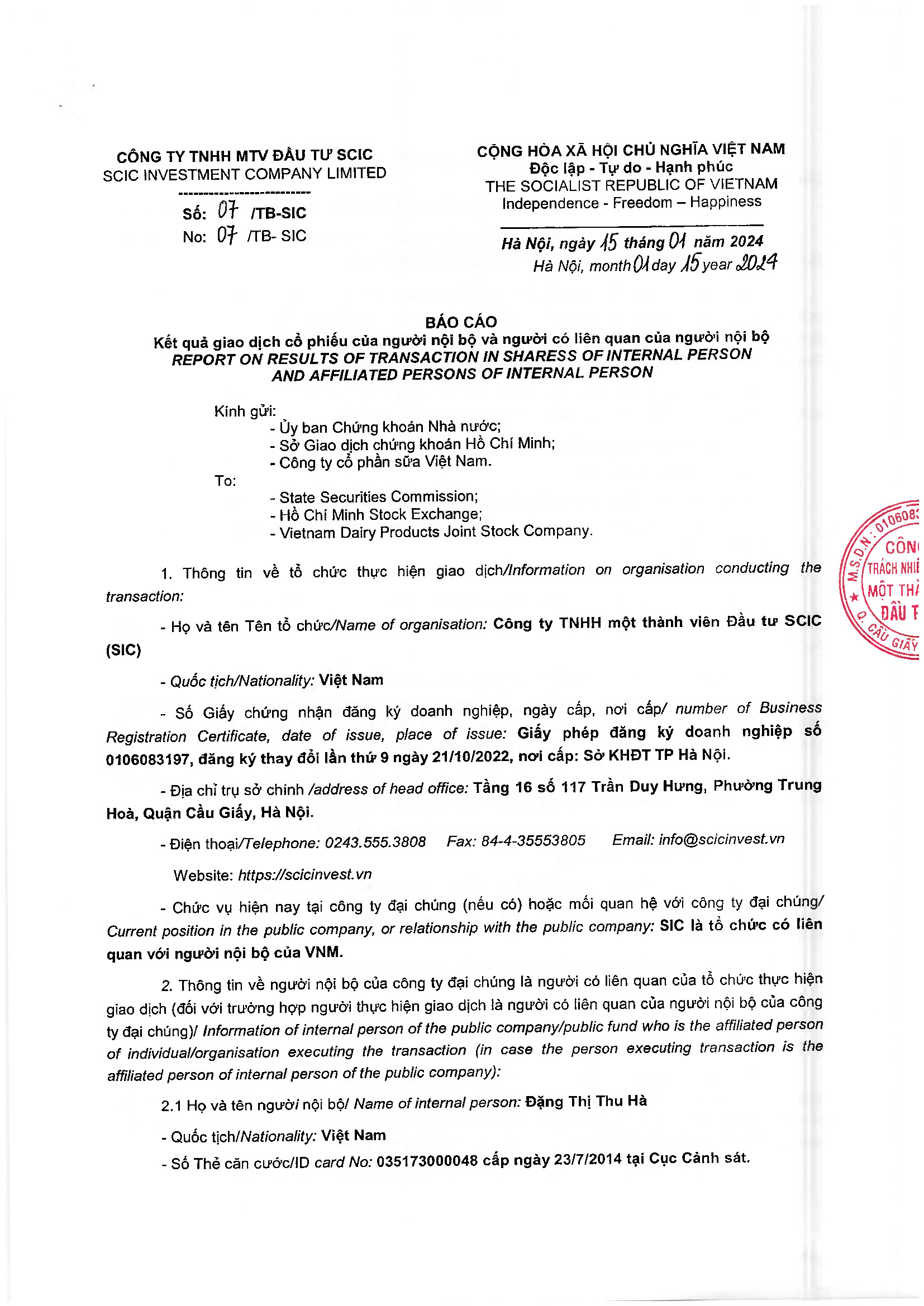 Notice of transaction of internal person from SCIC 1