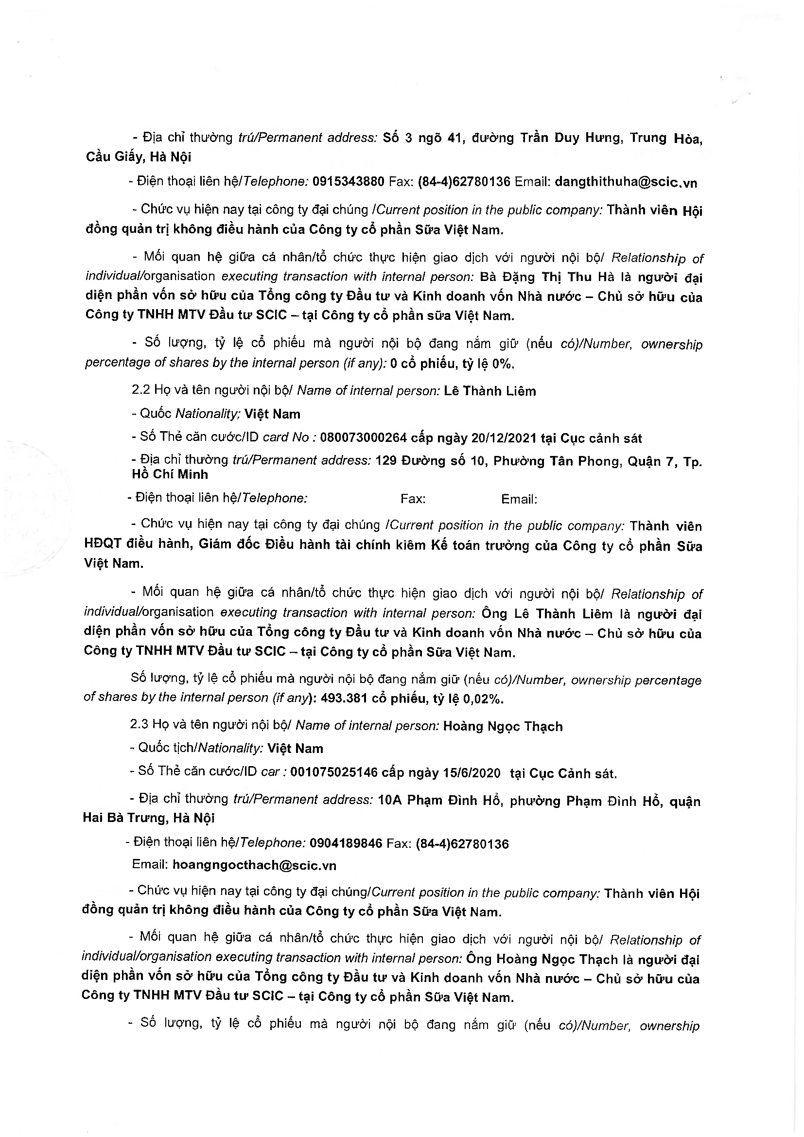 Thông báo giao dịch của Người Nội bộ: Công ty TNHH một thành viên Đầu tư SCIC (SIC) 2
