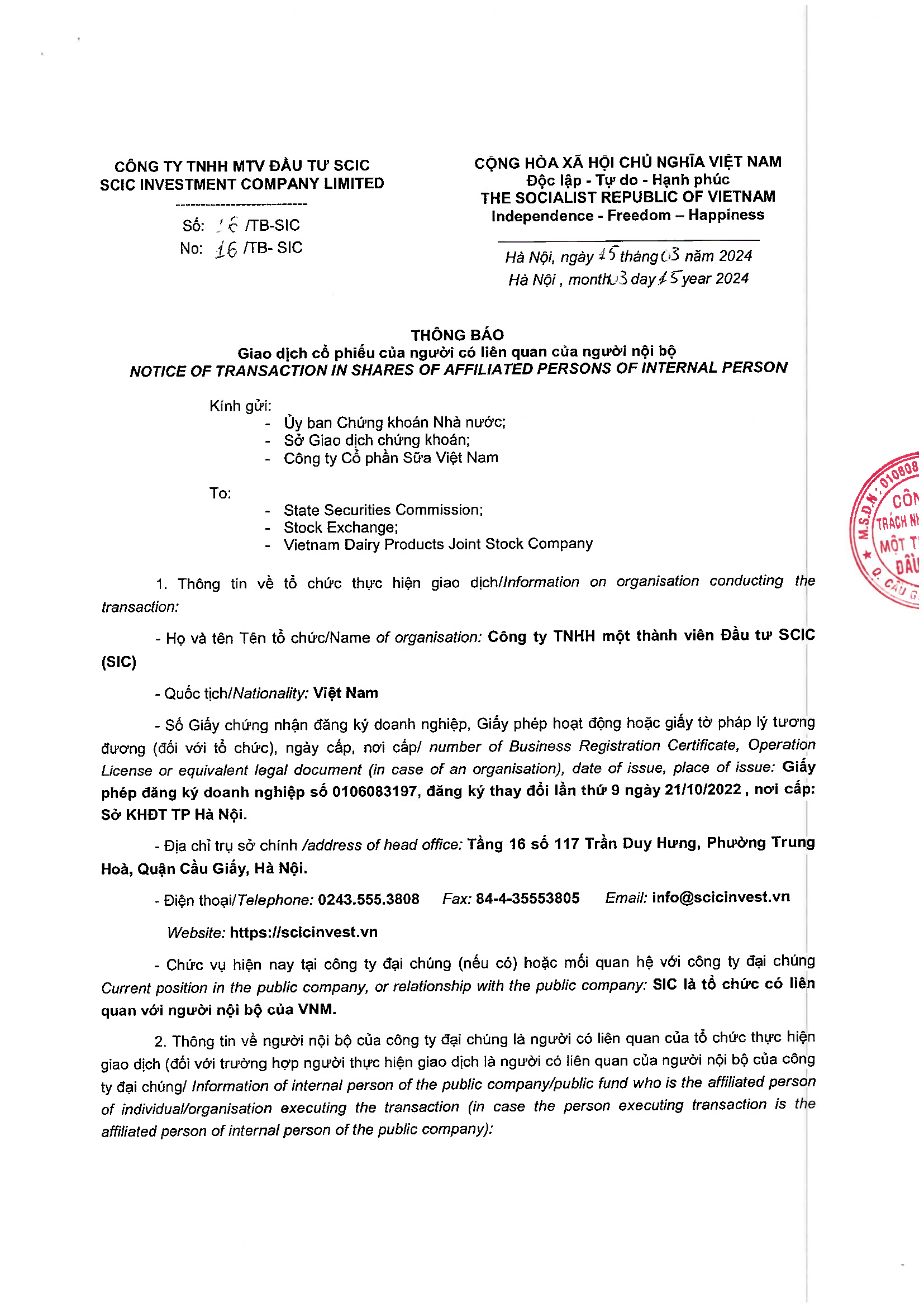 Notice of transaction in shares of afiliated persons of internal person 1