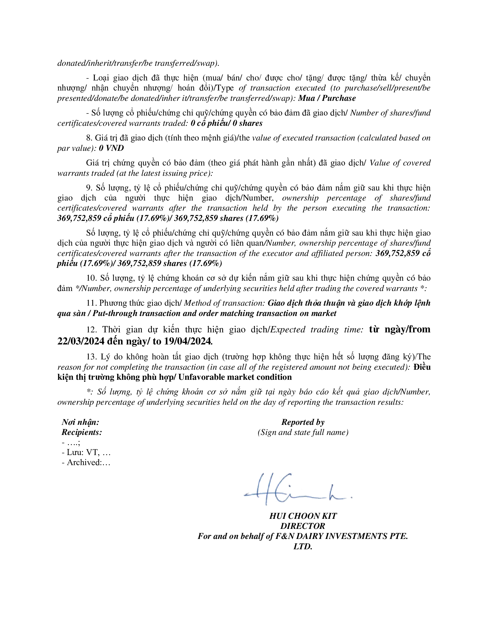 Báo cáo kết quả giao dịch của Người Nội bộ: F&N DAIRY INVESTMENTS PTE. LTD. 4