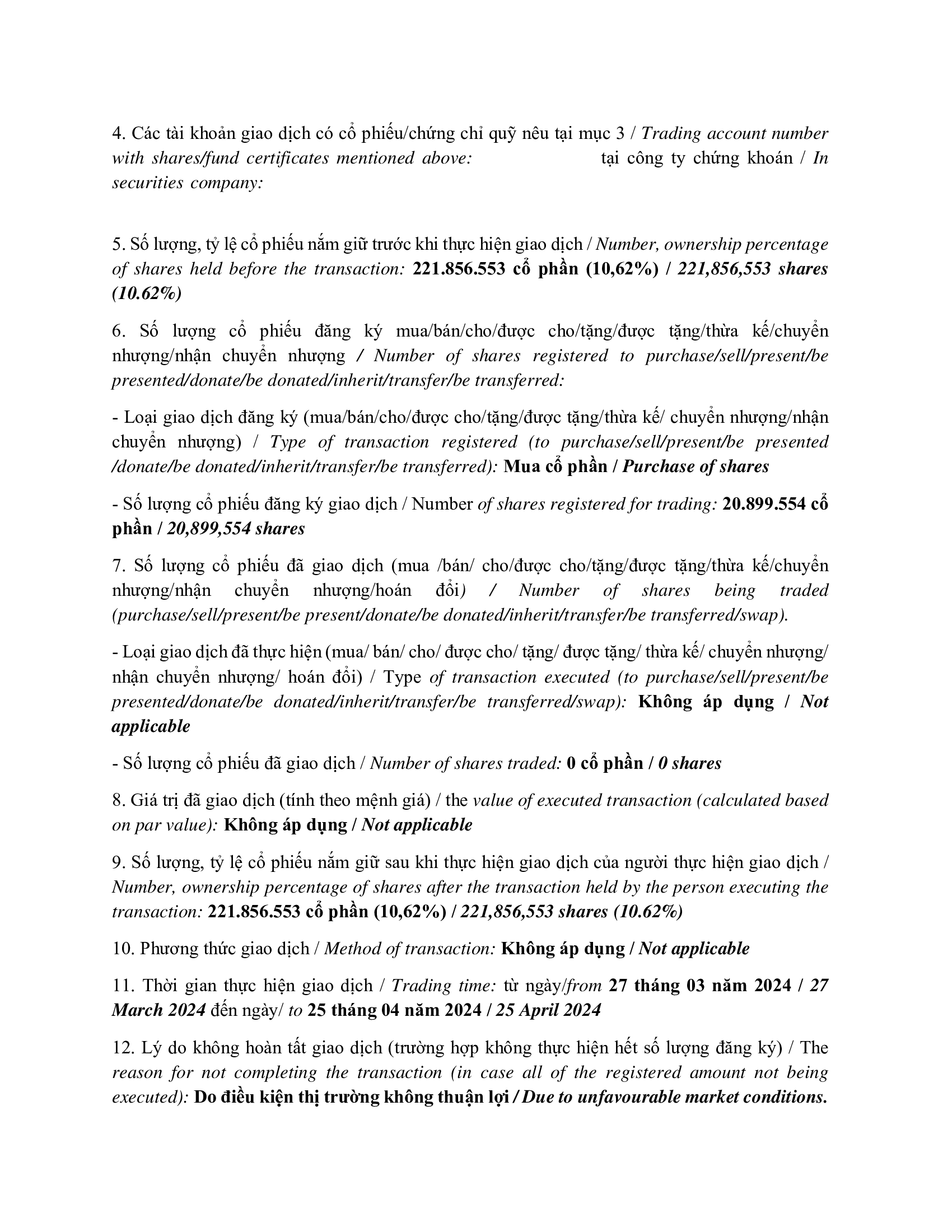 Report on results of transaction of internal PLATINUM VICTORY PTE. LTD. 3