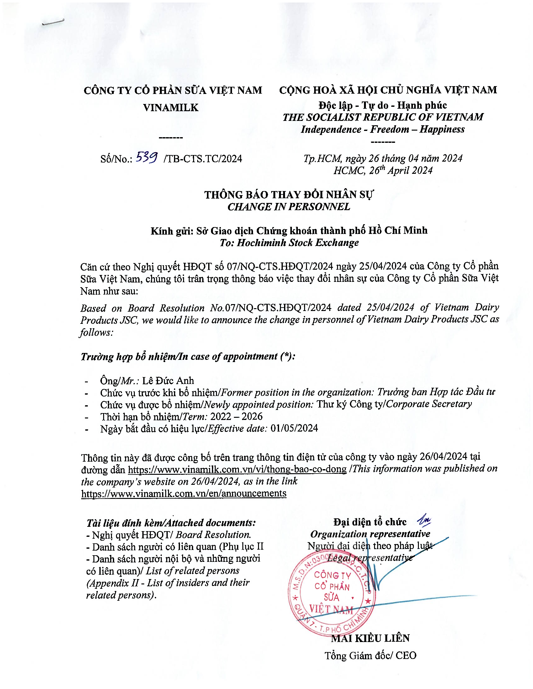 Announce the change in personnel of Vietnam Dairy Products JSC 1