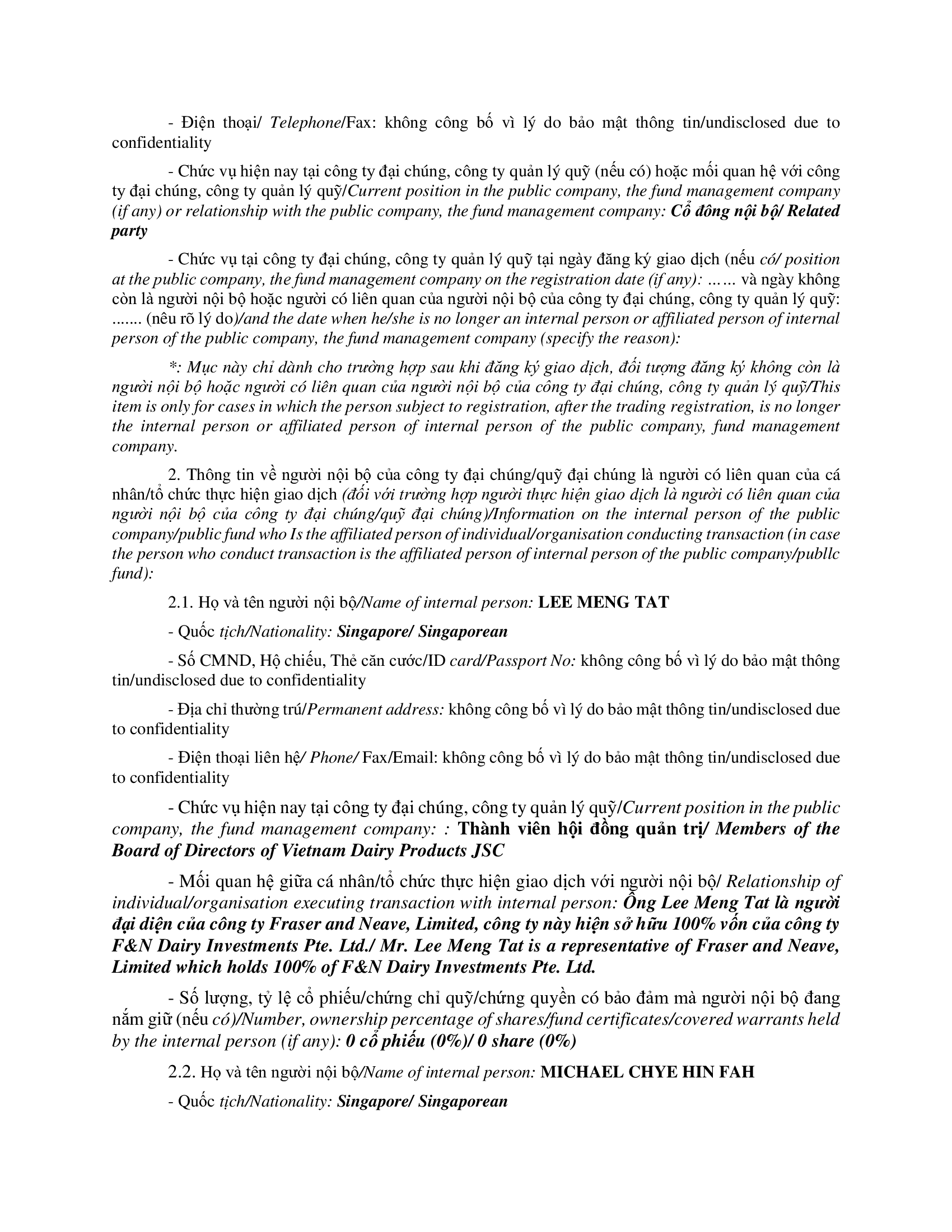 Report on results of transaction of internal F&N DAIRY INVESTMENTS PTE. LTD. 2