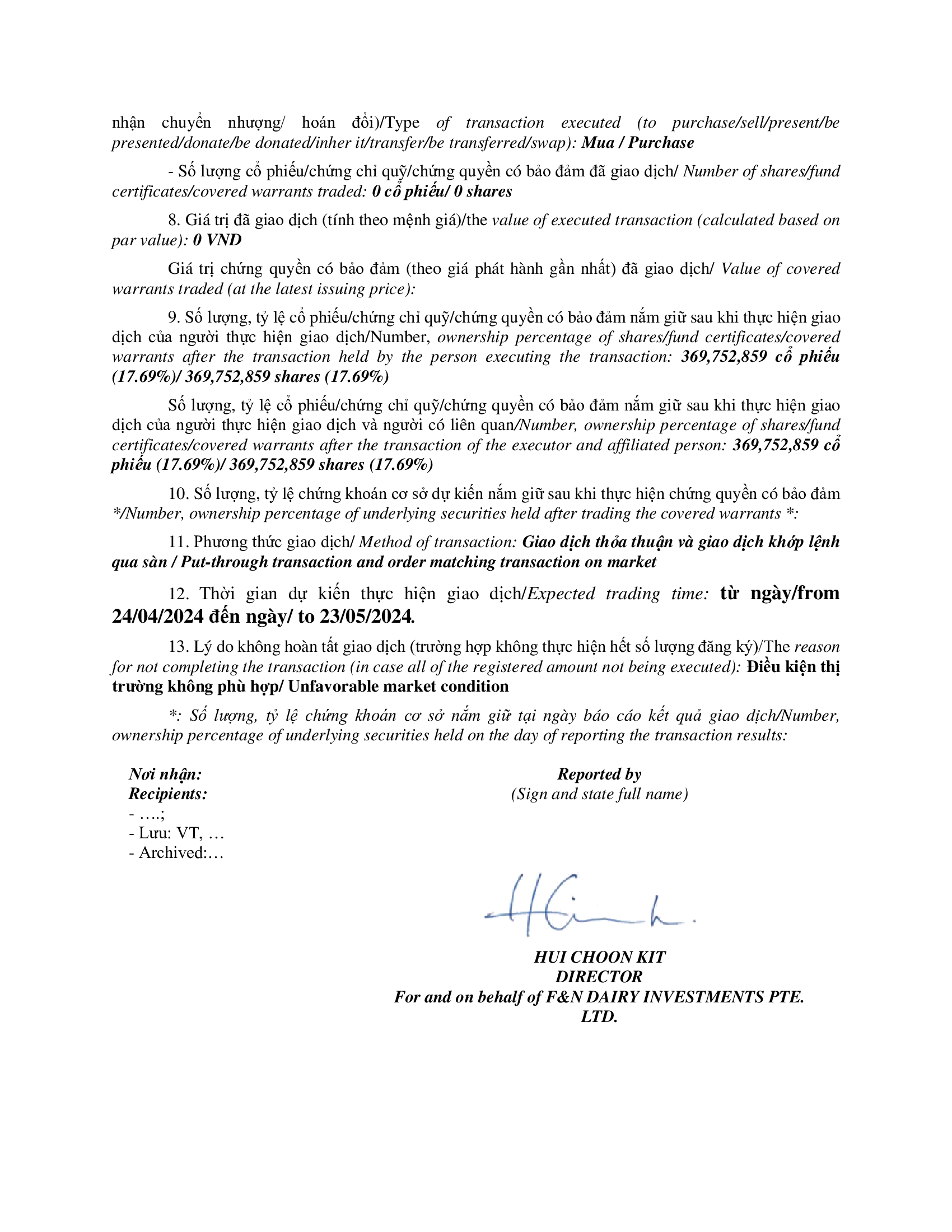 Báo cáo kết quả giao dịch của Người Nội bộ: F&N DAIRY INVESTMENTS PTE. LTD. 4