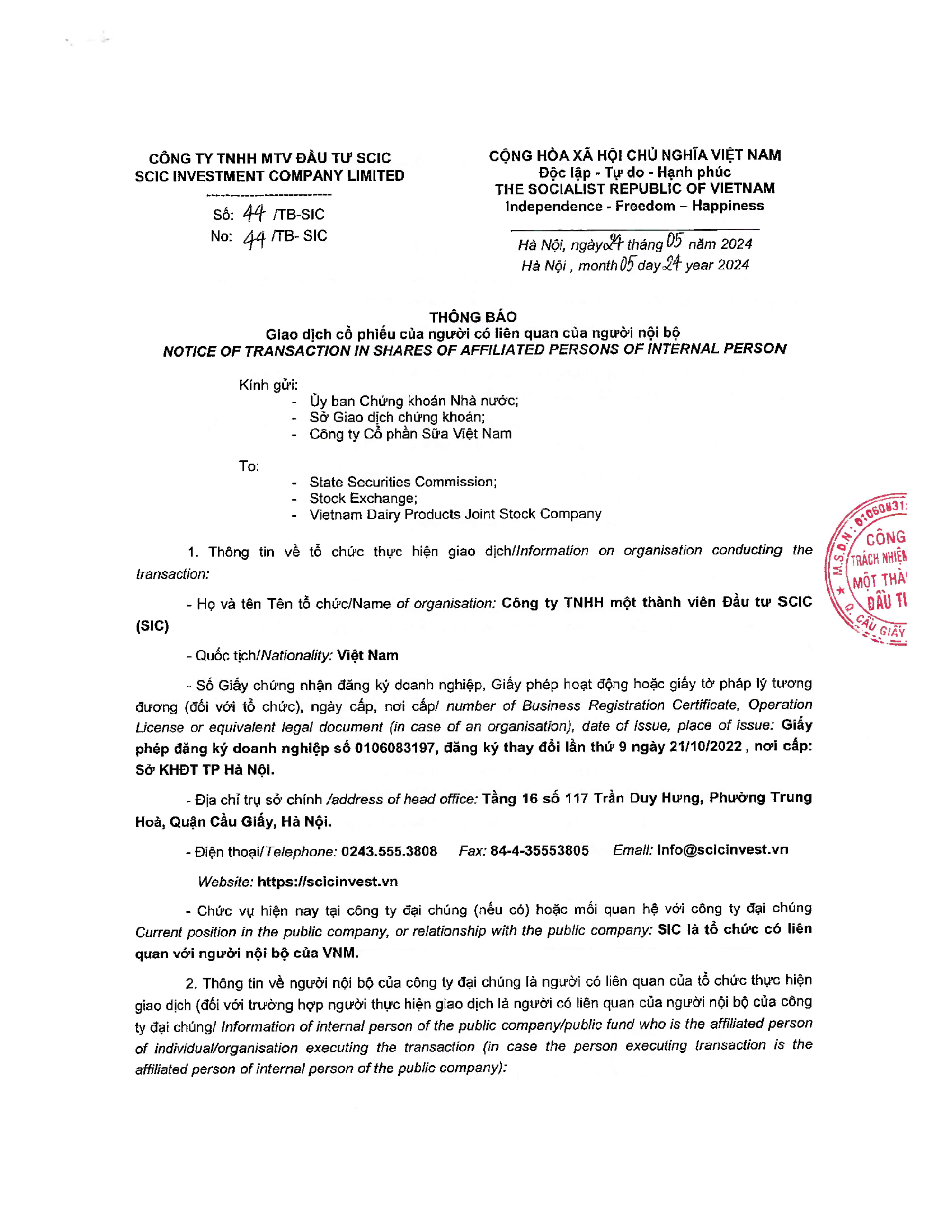 Thông báo giao dịch của Người Nội bộ: SCIC 1