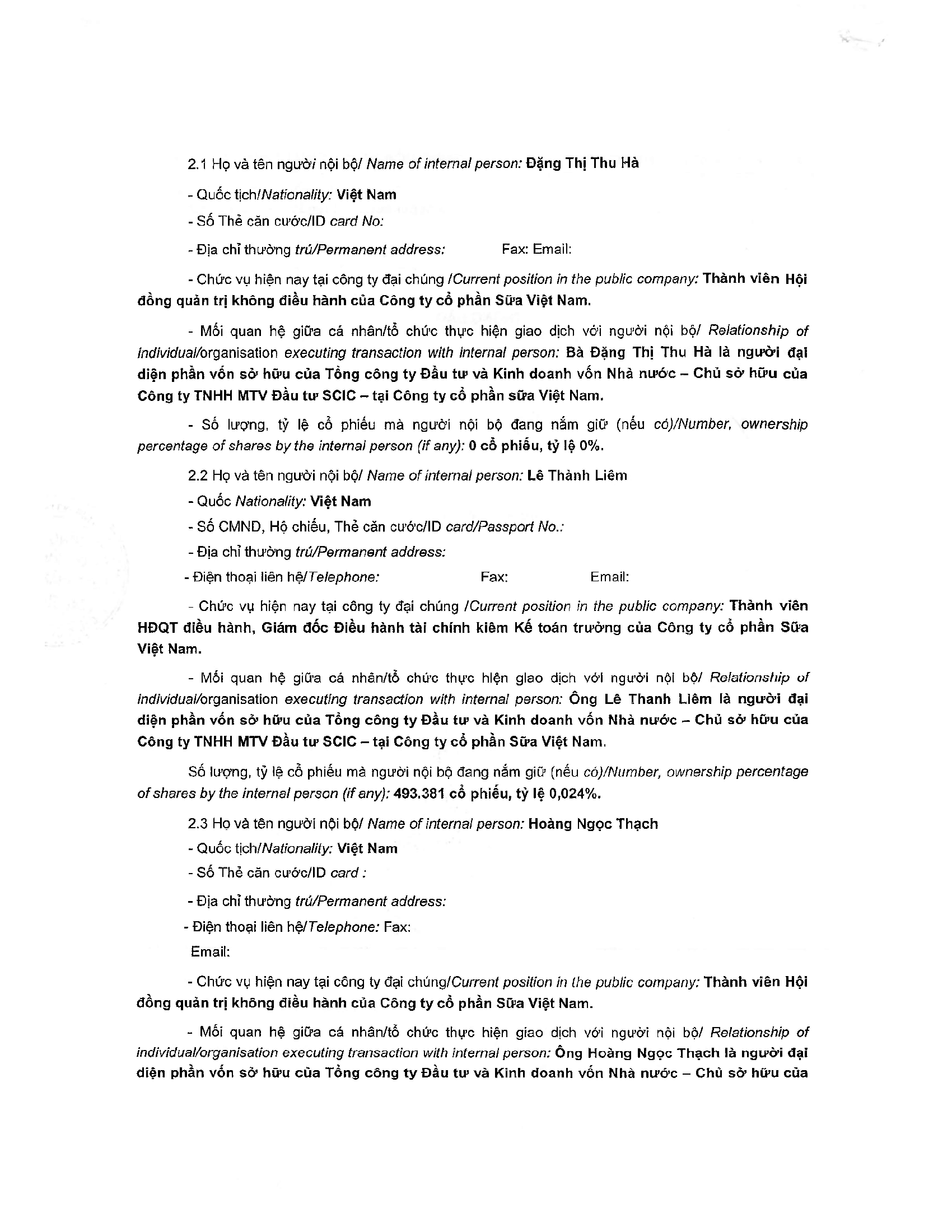 Notice of transaction of internal person from SCIC 2
