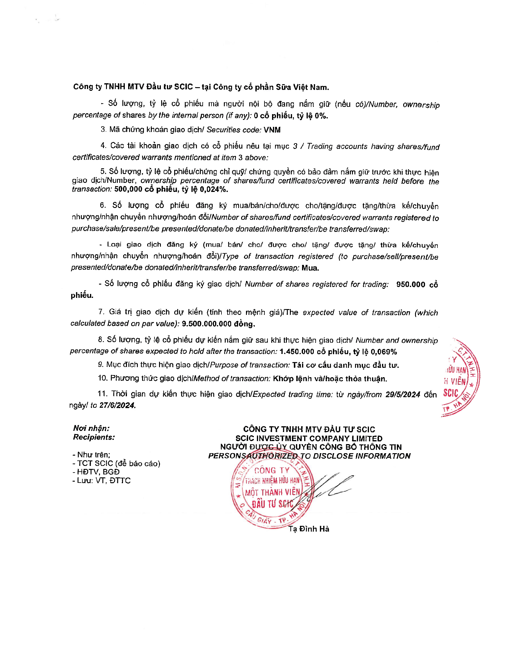 Notice of transaction of internal person from SCIC 3