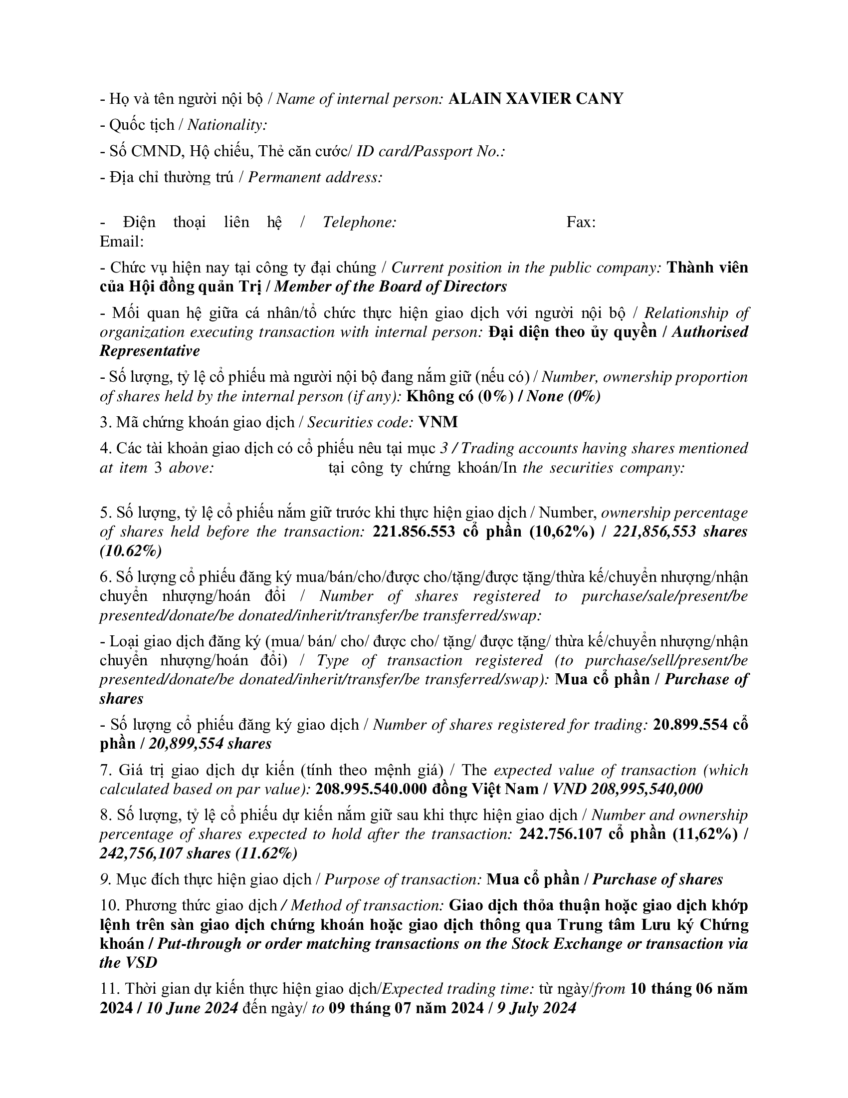 Notice of transaction of internal person from PLATINUM VICTORY PTE. LTD 2