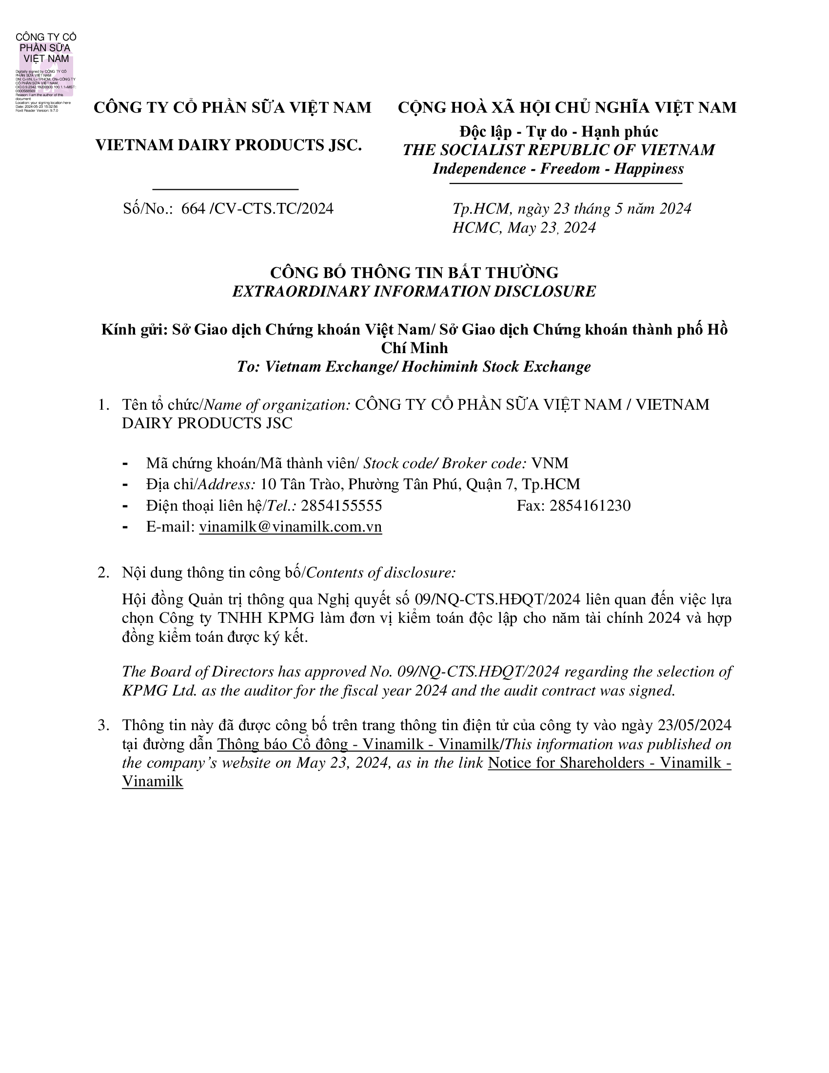 Vinamilk select external auditor for FY24 1