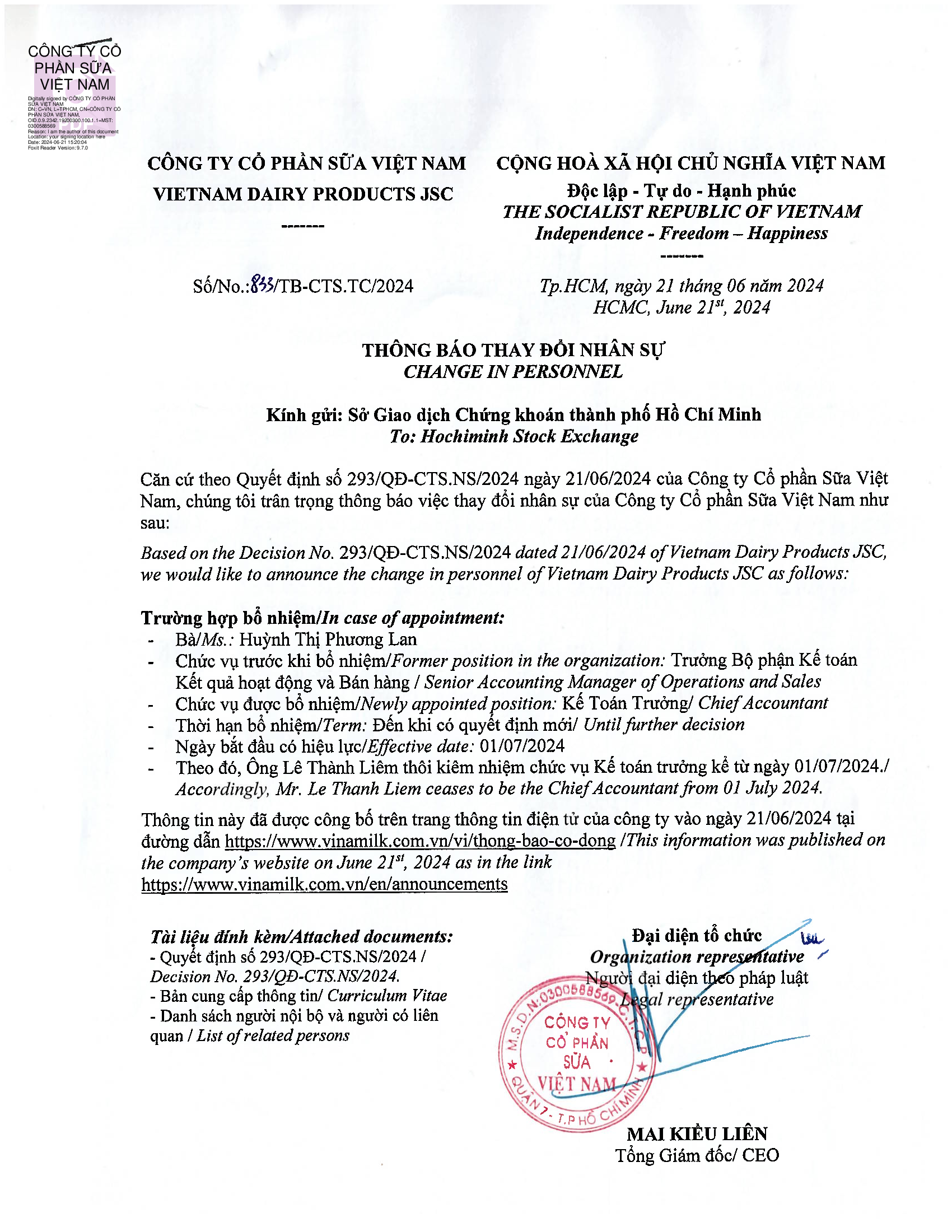 Announce the change in personnel of Vietnam Dairy Products JSC 1