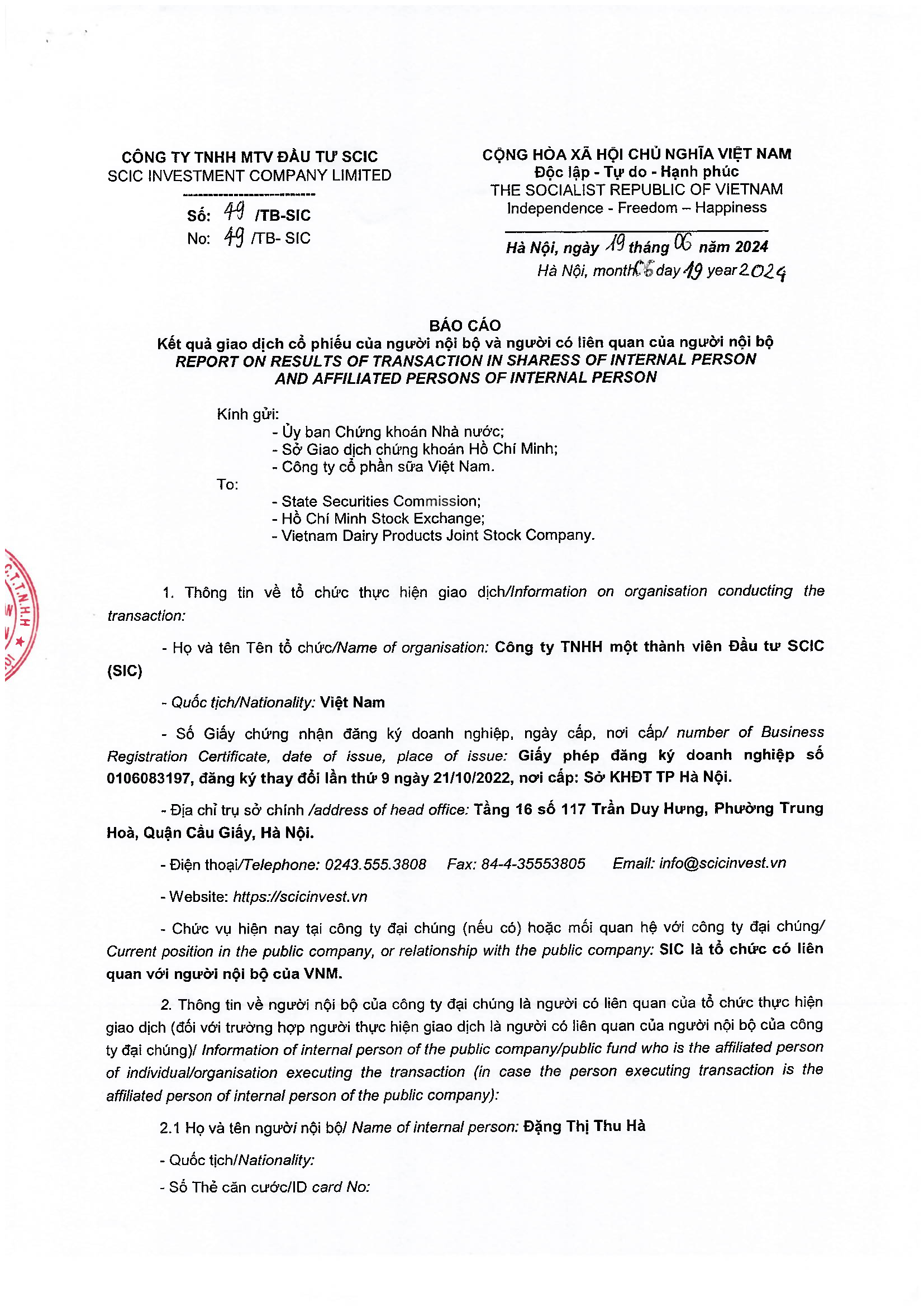 Notice of transaction of internal person from SCIC 1