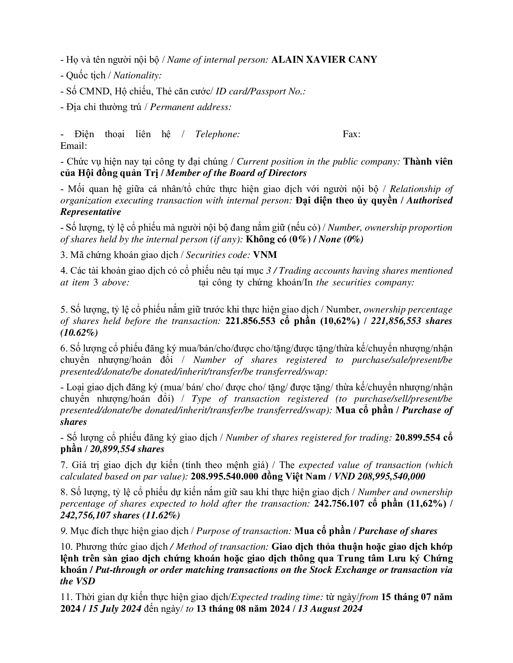 Notice of transaction of internal person from PLATINUM VICTORY PTE. LTD 2