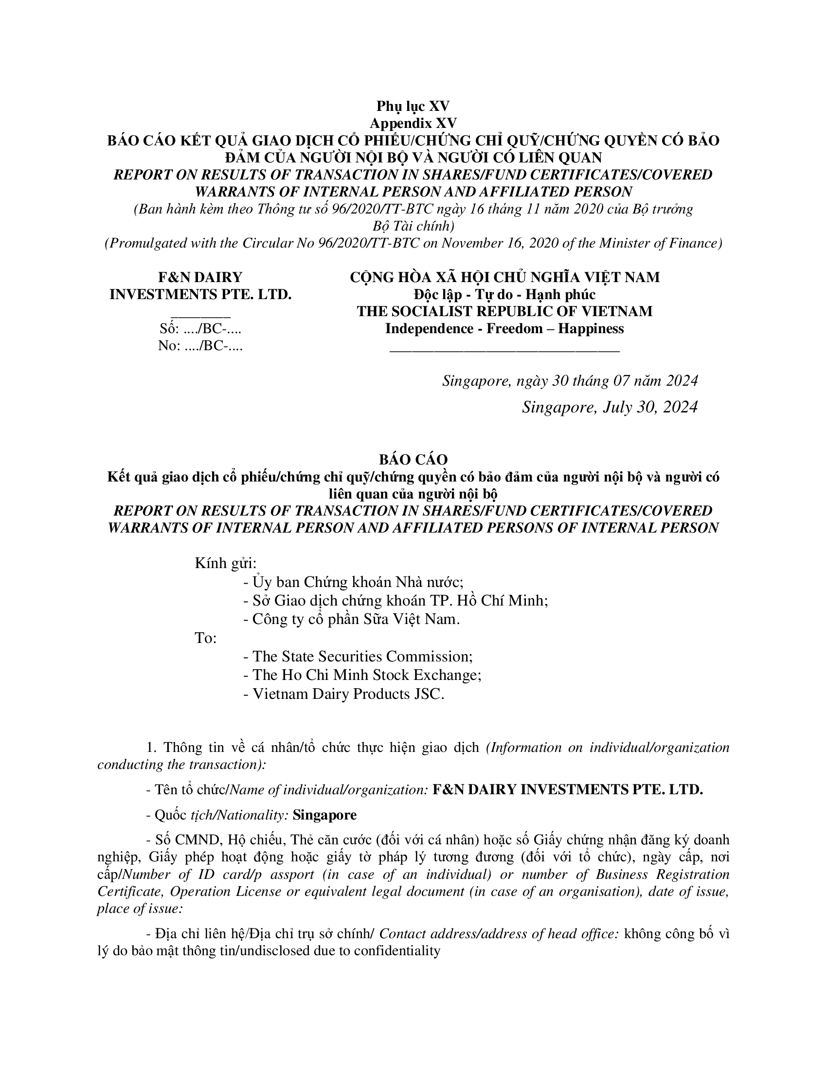 Báo cáo kết quả giao dịch của Người Nội bộ: F&N DAIRY INVESTMENTS PTE. LTD. 1