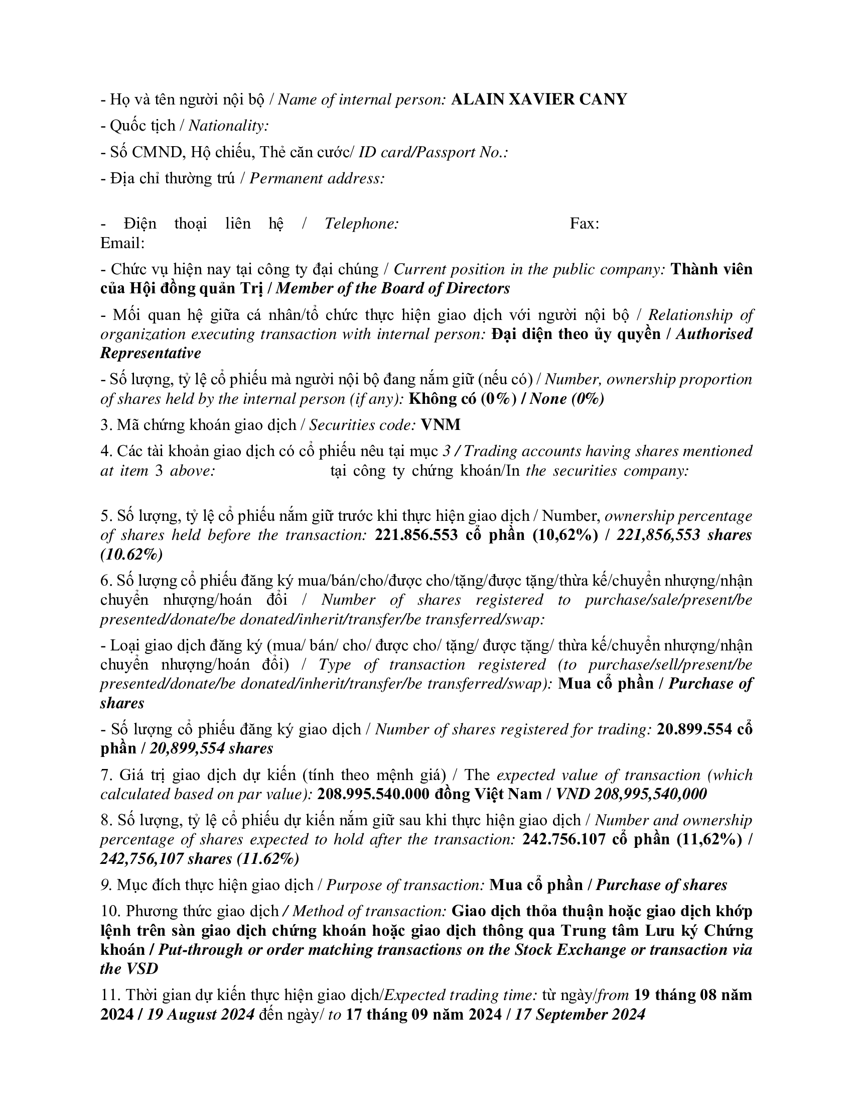 Notice of transaction of internal person from PLATINUM VICTORY PTE. LTD 2