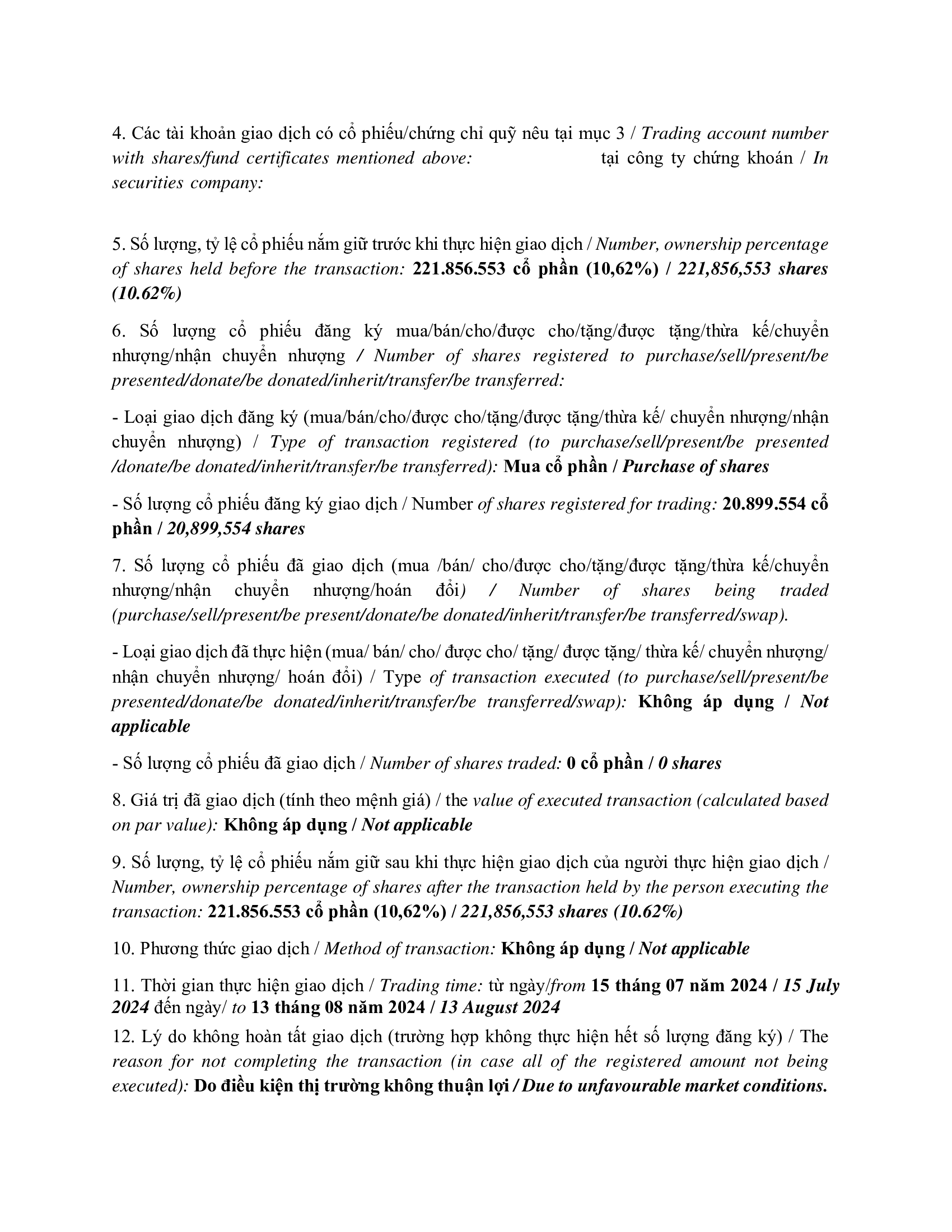 Report on results of transaction of internal PLATINUM VICTORY PTE. LTD. 3