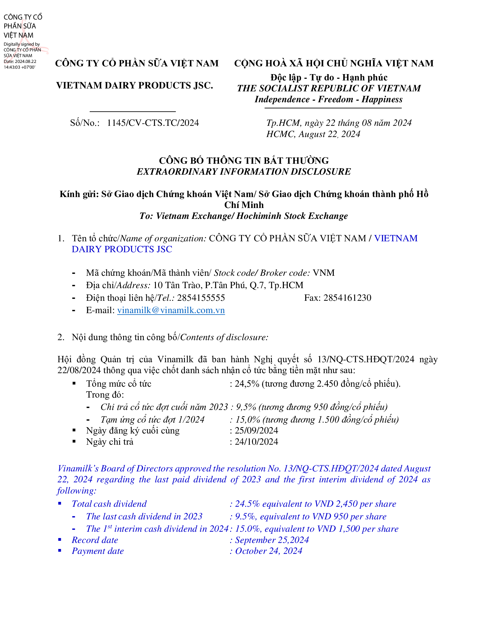 Disclosure of nformation on the final dividend of 2023 and the 1st interim dividend of 2024 1