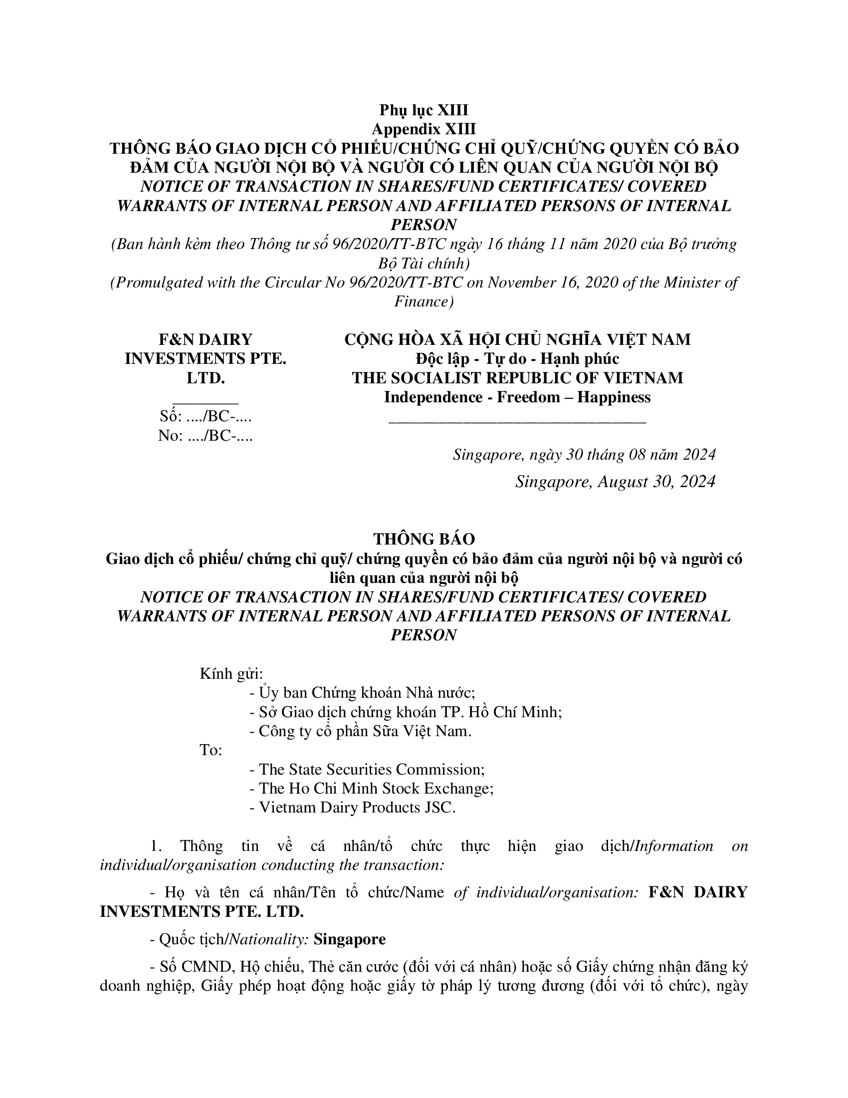 Notice of transaction of internal person from F&N DAIRY INVESTMENTS PTE. LTD. 1