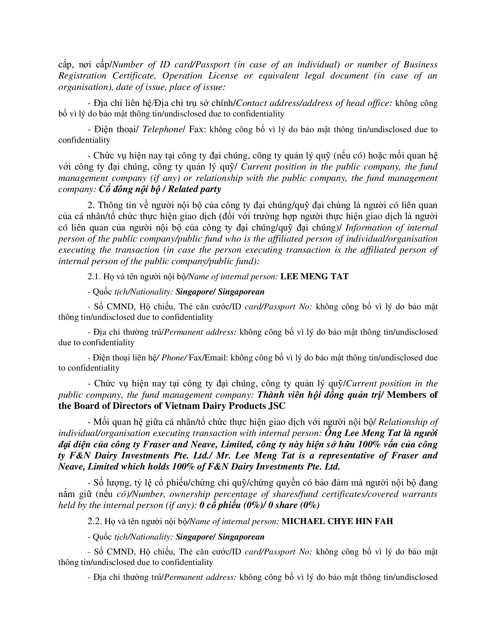 Thông báo giao dịch của Người Nội bộ: F&N DAIRY INVESTMENTS PTE. LTD. 2