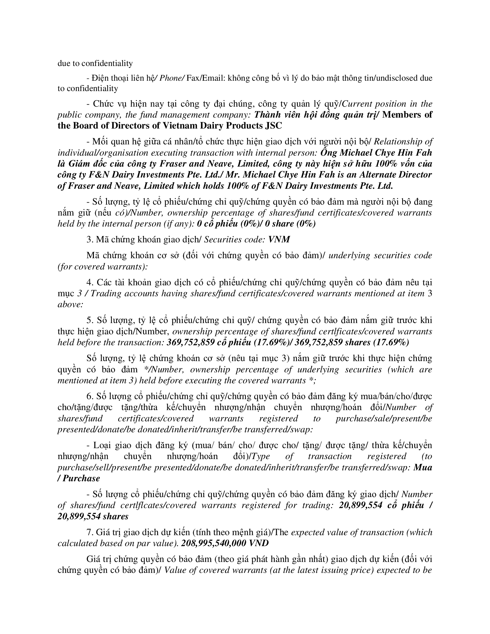 Thông báo giao dịch của Người Nội bộ: F&N DAIRY INVESTMENTS PTE. LTD. 3