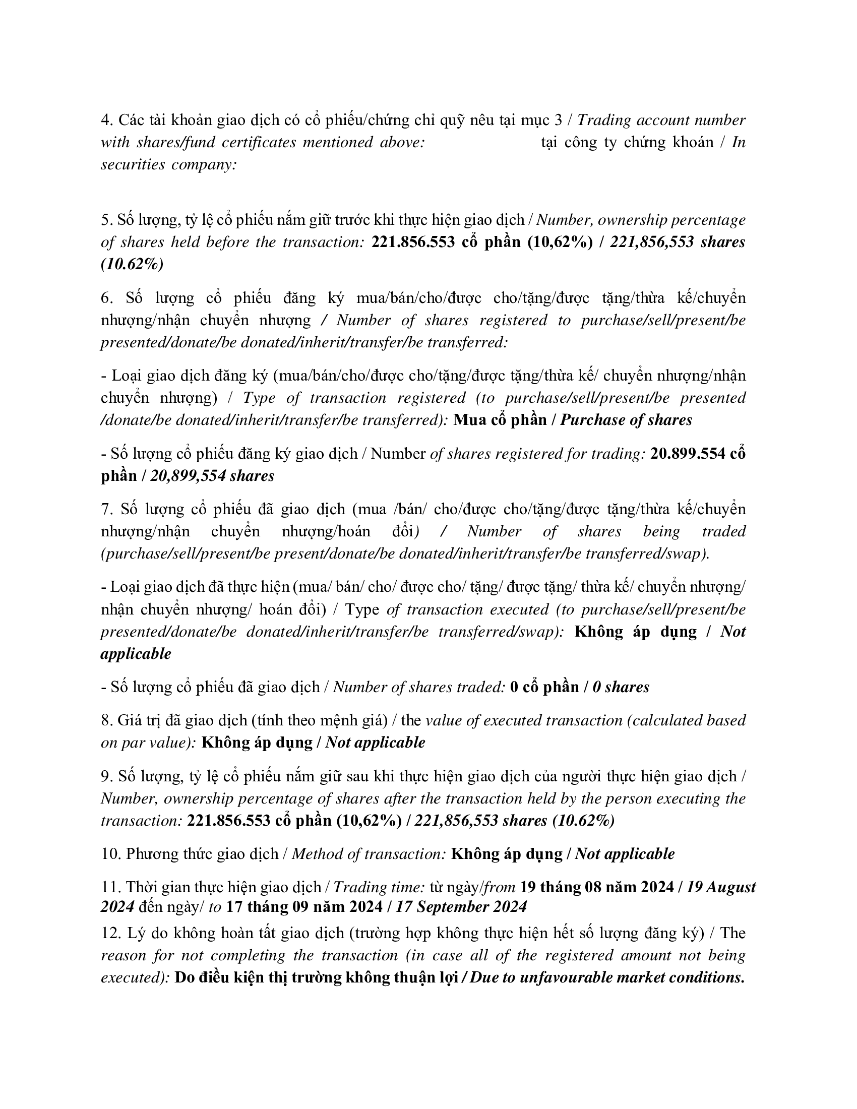 Report on results of transaction of internal PLATINUM VICTORY PTE. LTD. 3
