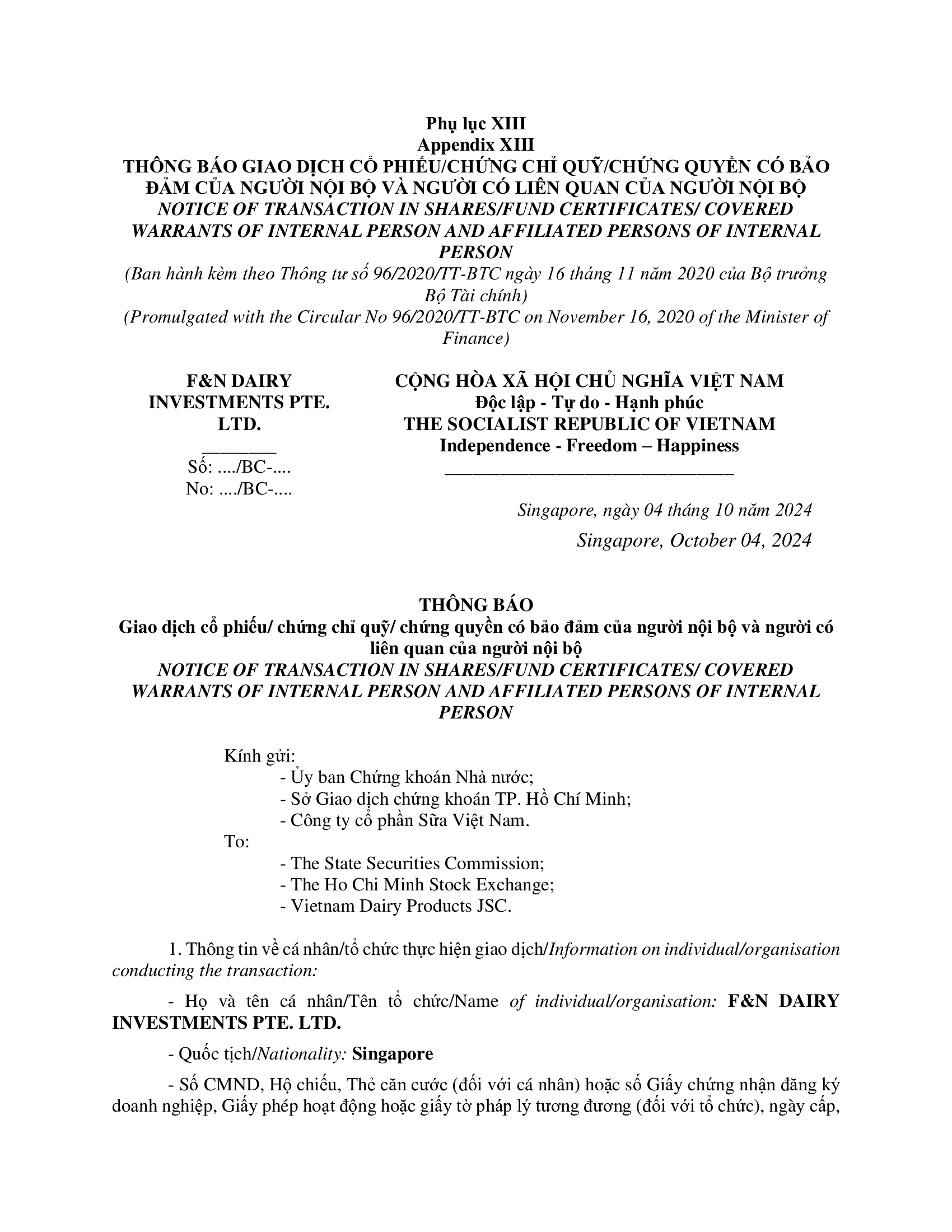 Notice of transaction of internal person from F&N DAIRY INVESTMENTS PTE. LTD. 1