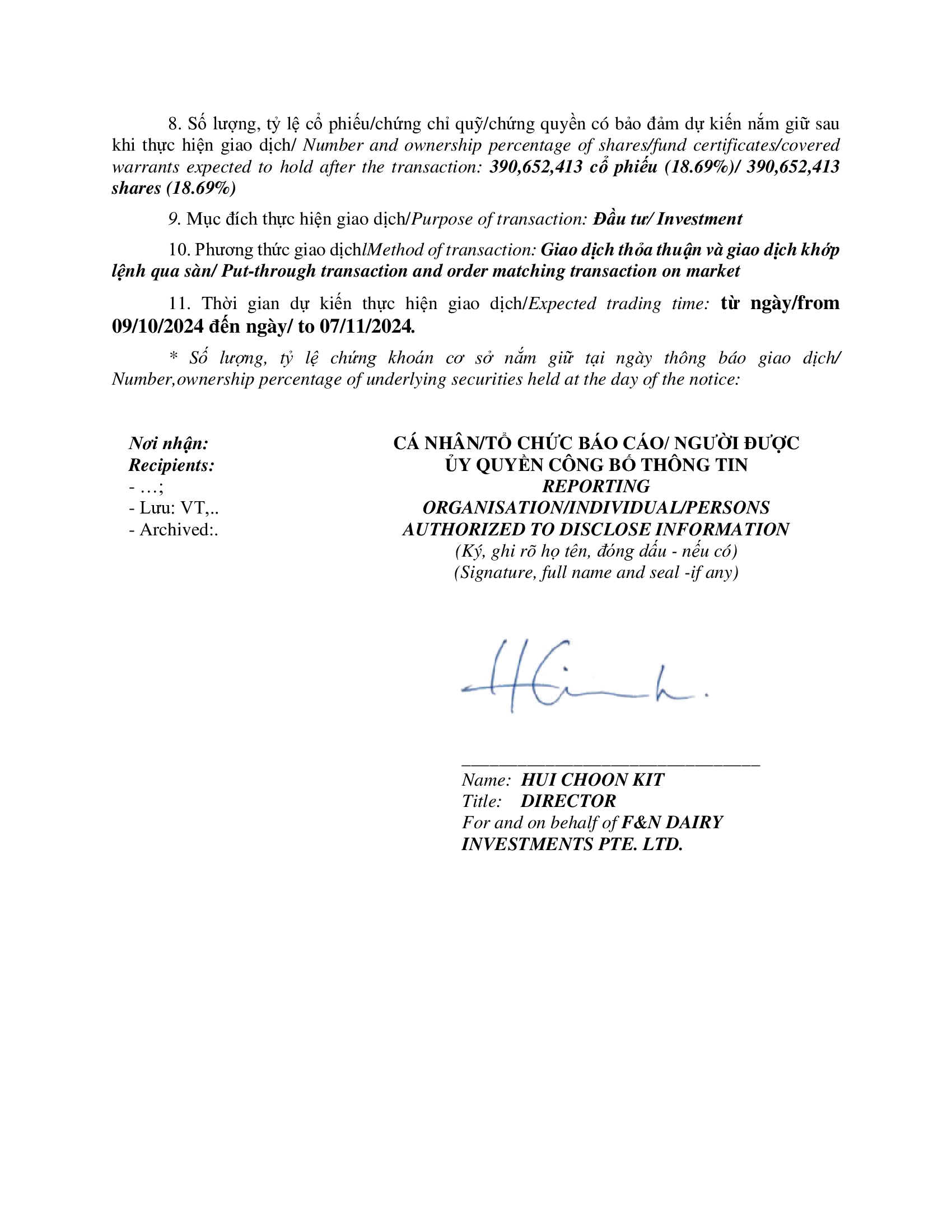 Notice of transaction of internal person from F&N DAIRY INVESTMENTS PTE. LTD. 4