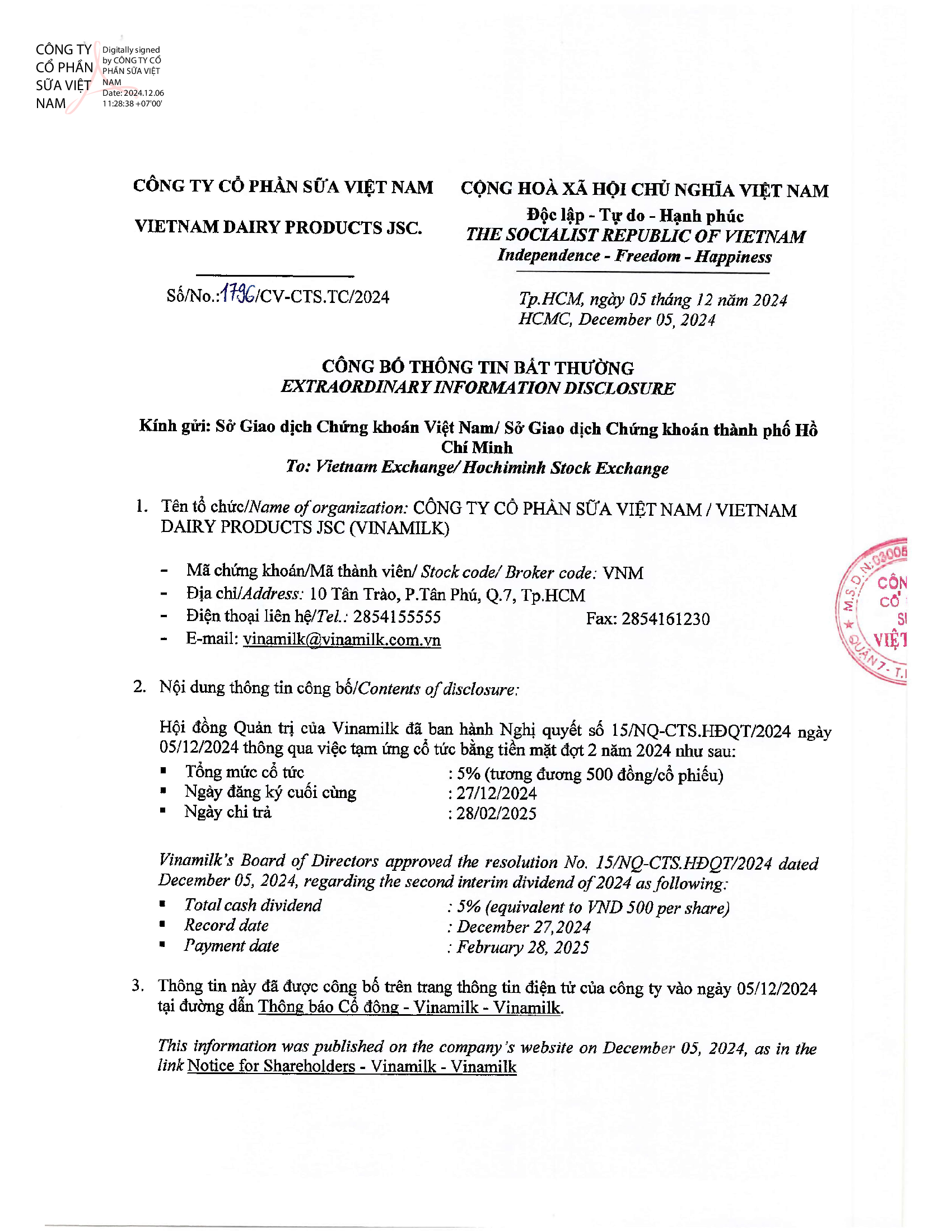 Công bố thông tin về Tạm ứng cổ tức đợt 2 1