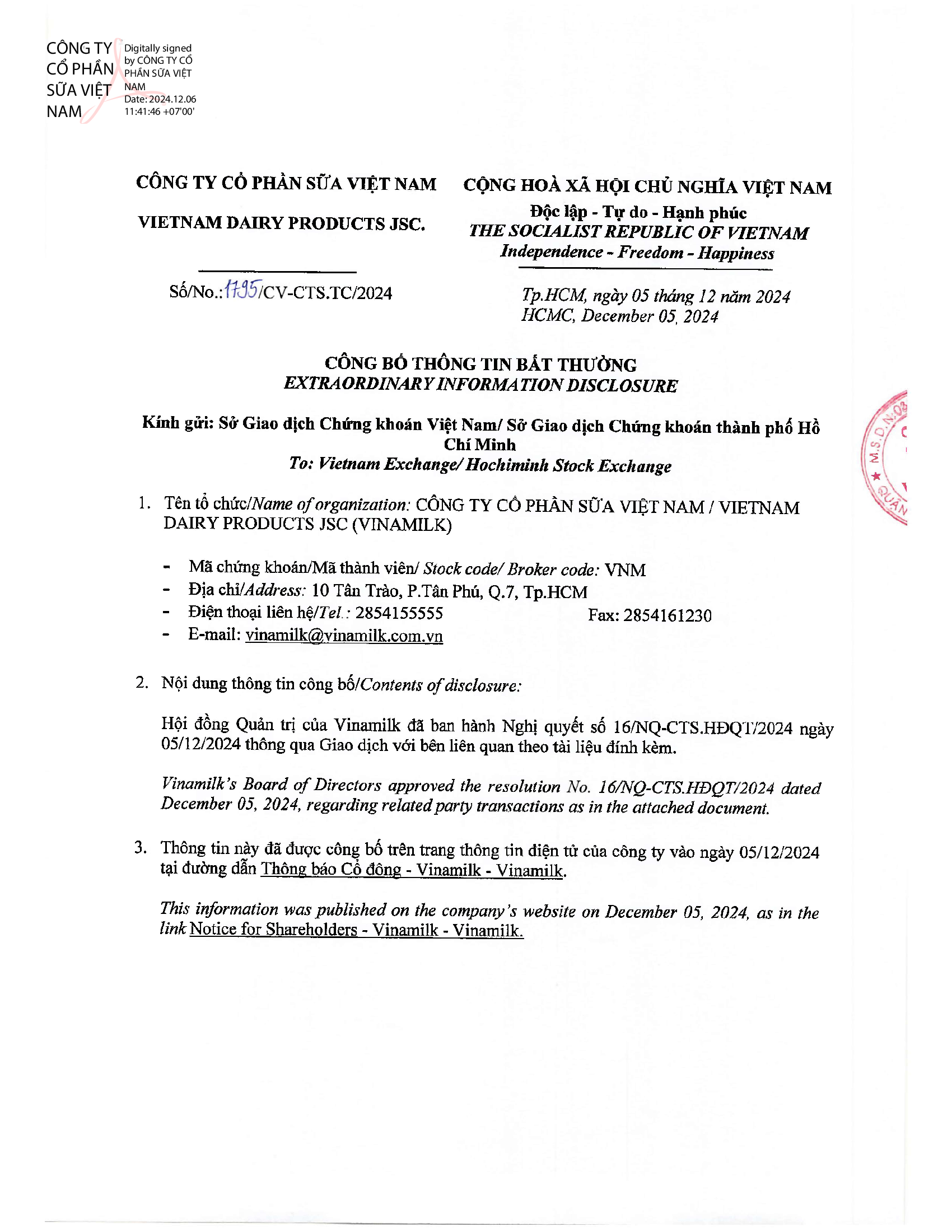 Disclosure of information on related party transactions 1